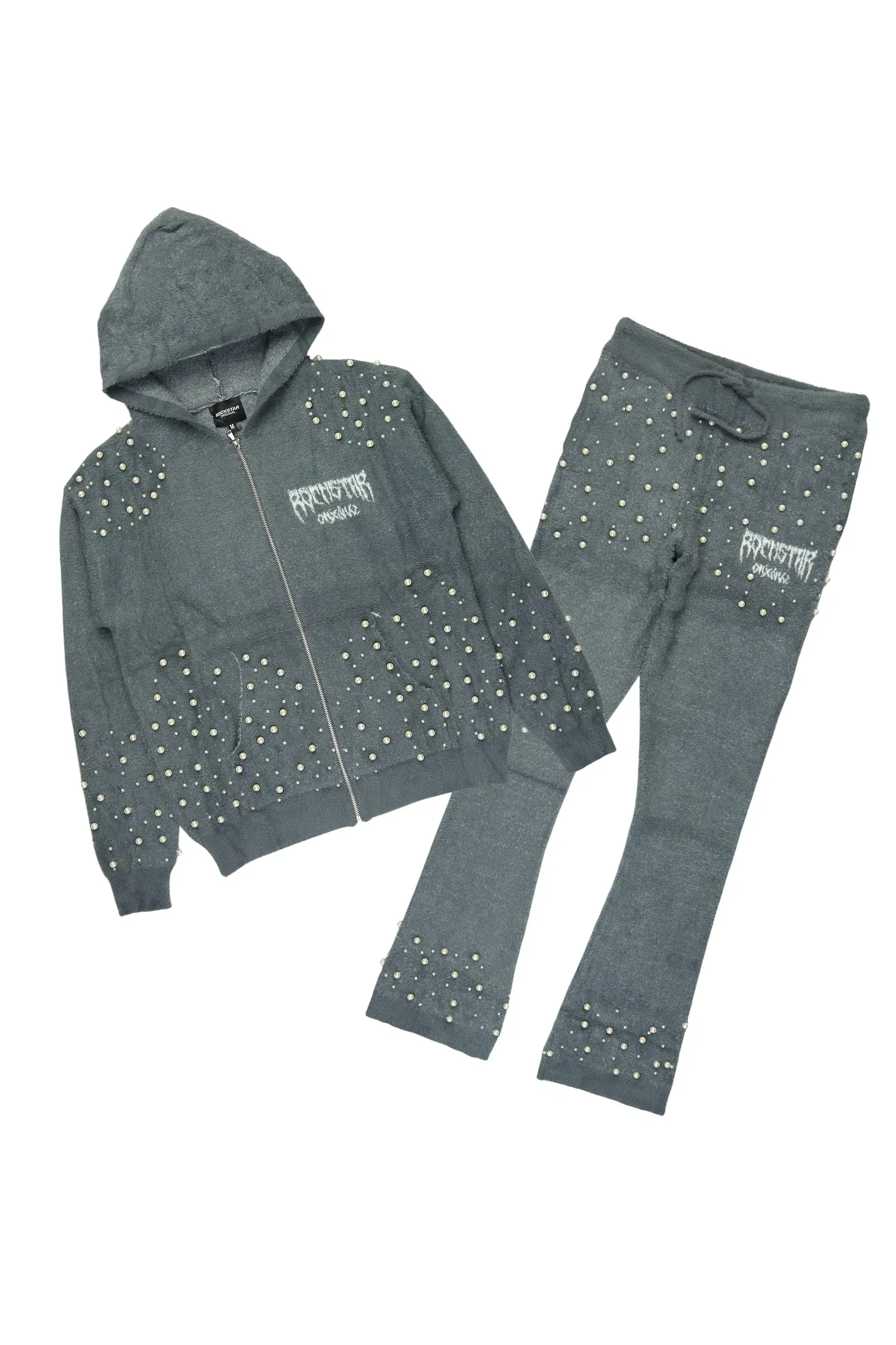 Twinkle Charcoal Rhinestone Hoodie Stacked Flare Track Set