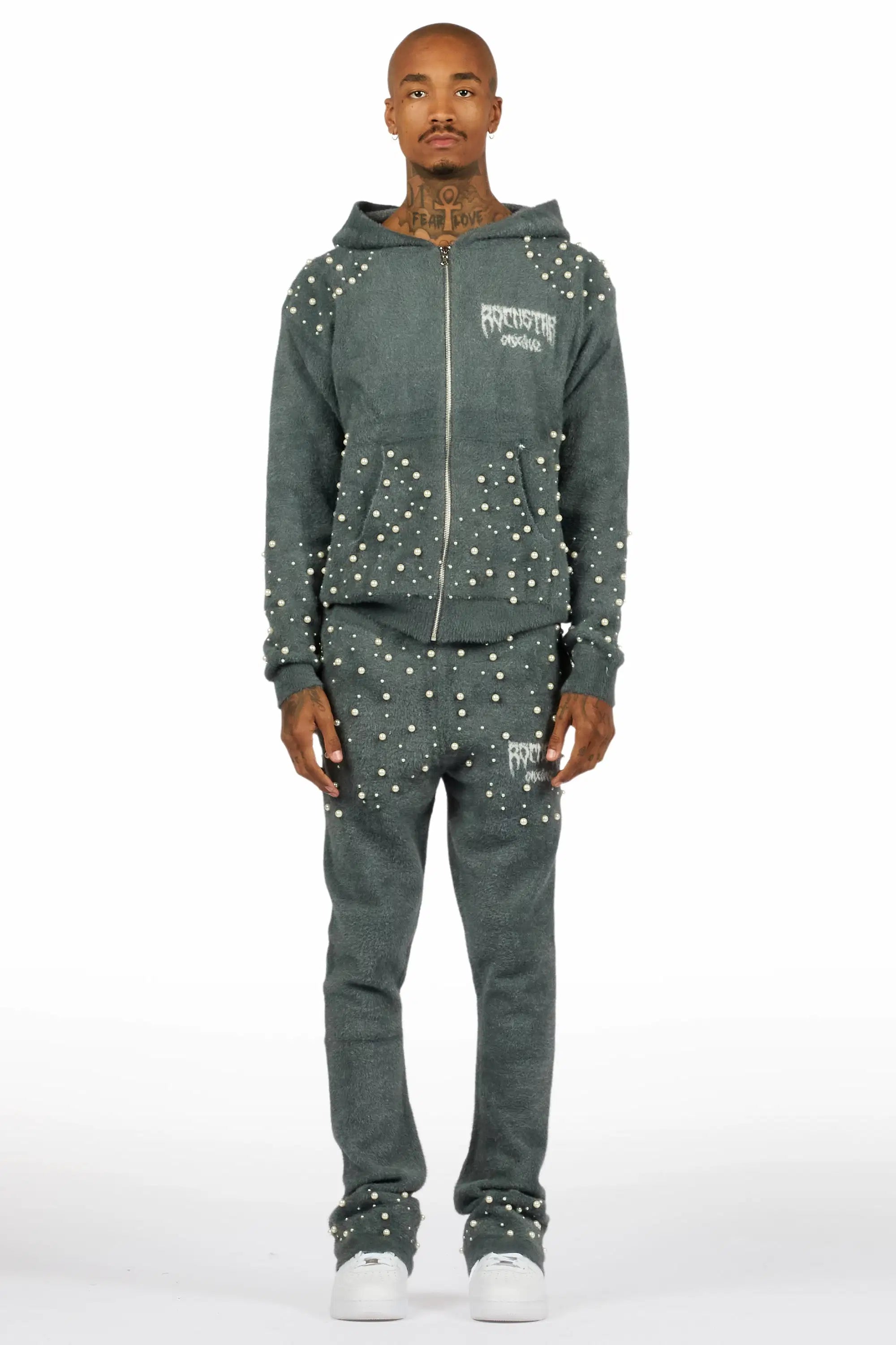 Twinkle Charcoal Rhinestone Hoodie Stacked Flare Track Set