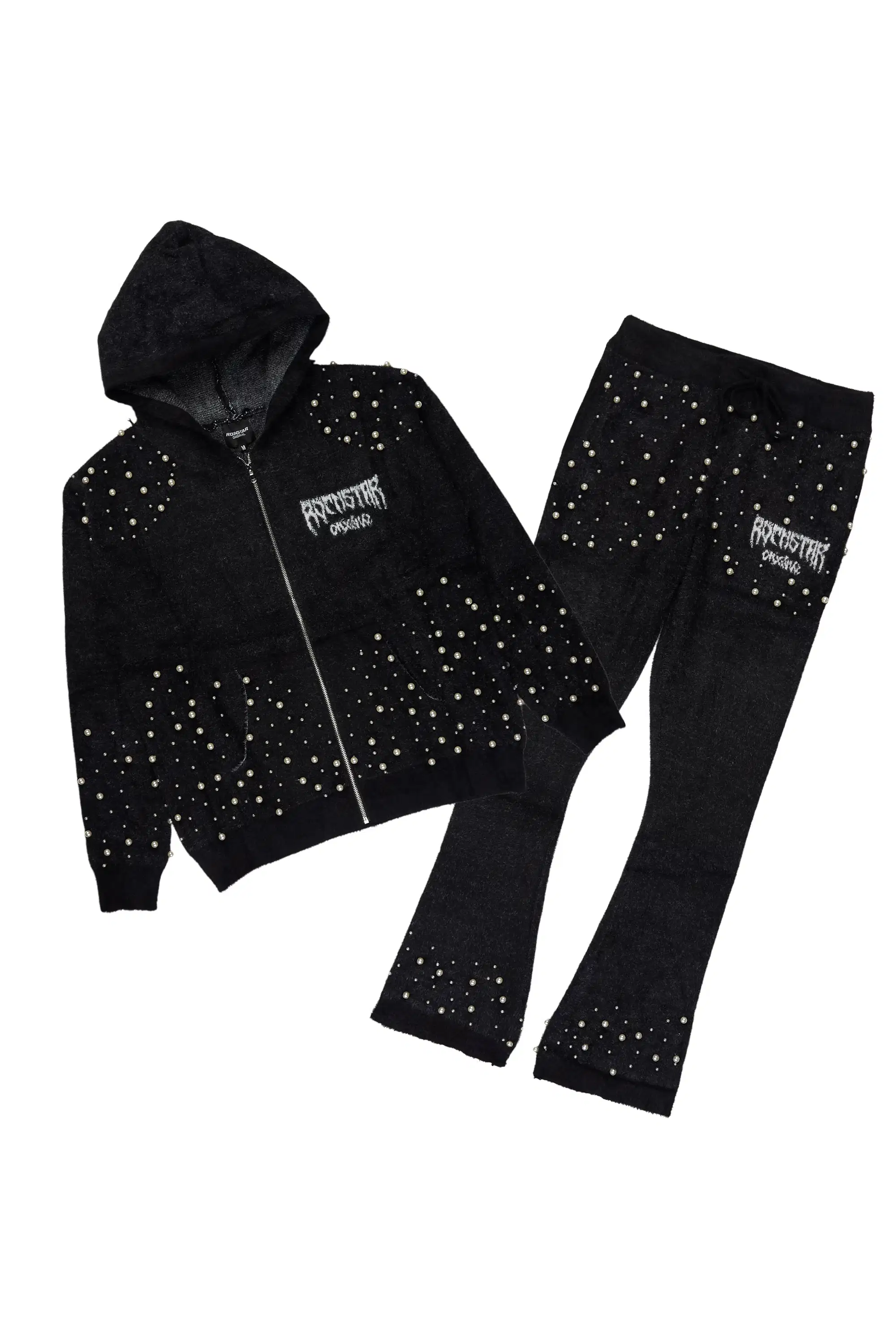 Twinkle Black/Black Rhinestone Hoodie Stacked Flare Track Set