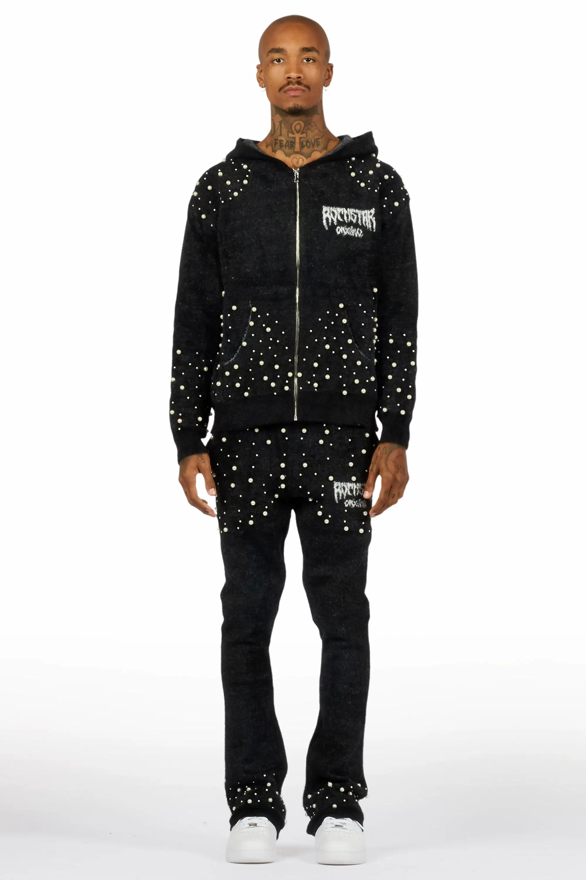 Twinkle Black/Black Rhinestone Hoodie Stacked Flare Track Set