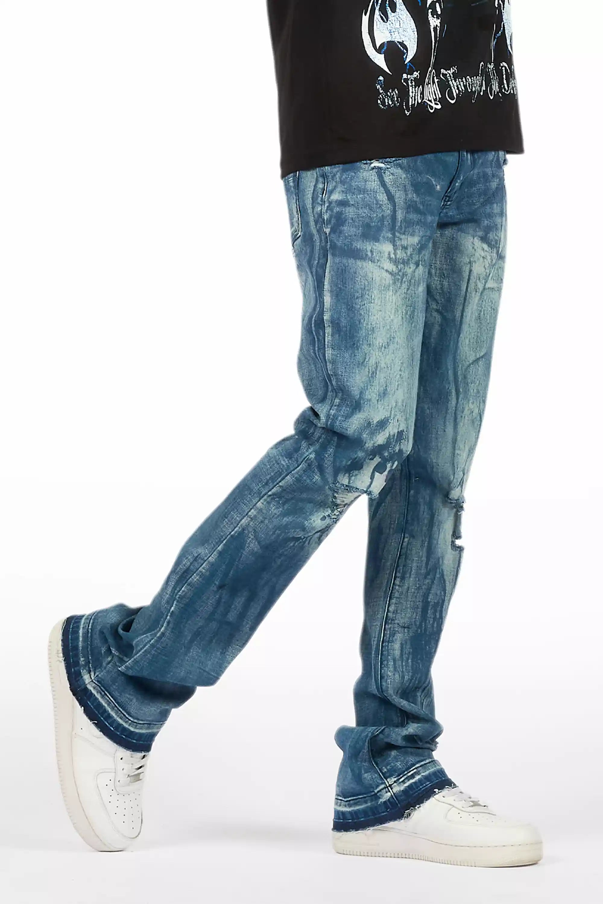 Inkspill Blue Oil Wash Stacked Flare Jean