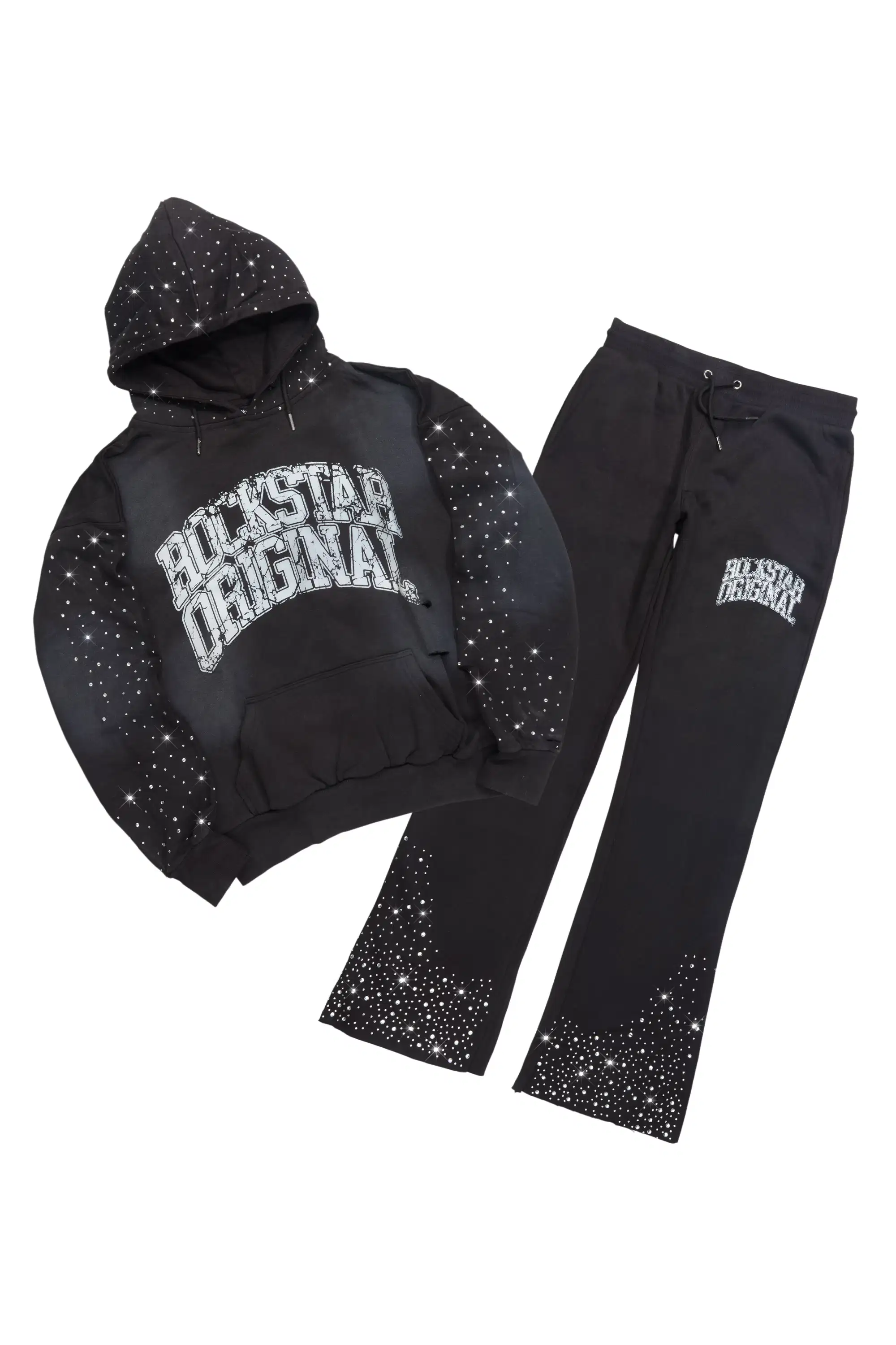 Cryptici Black Rhinestone Stacked Flare Hoodie Track Set
