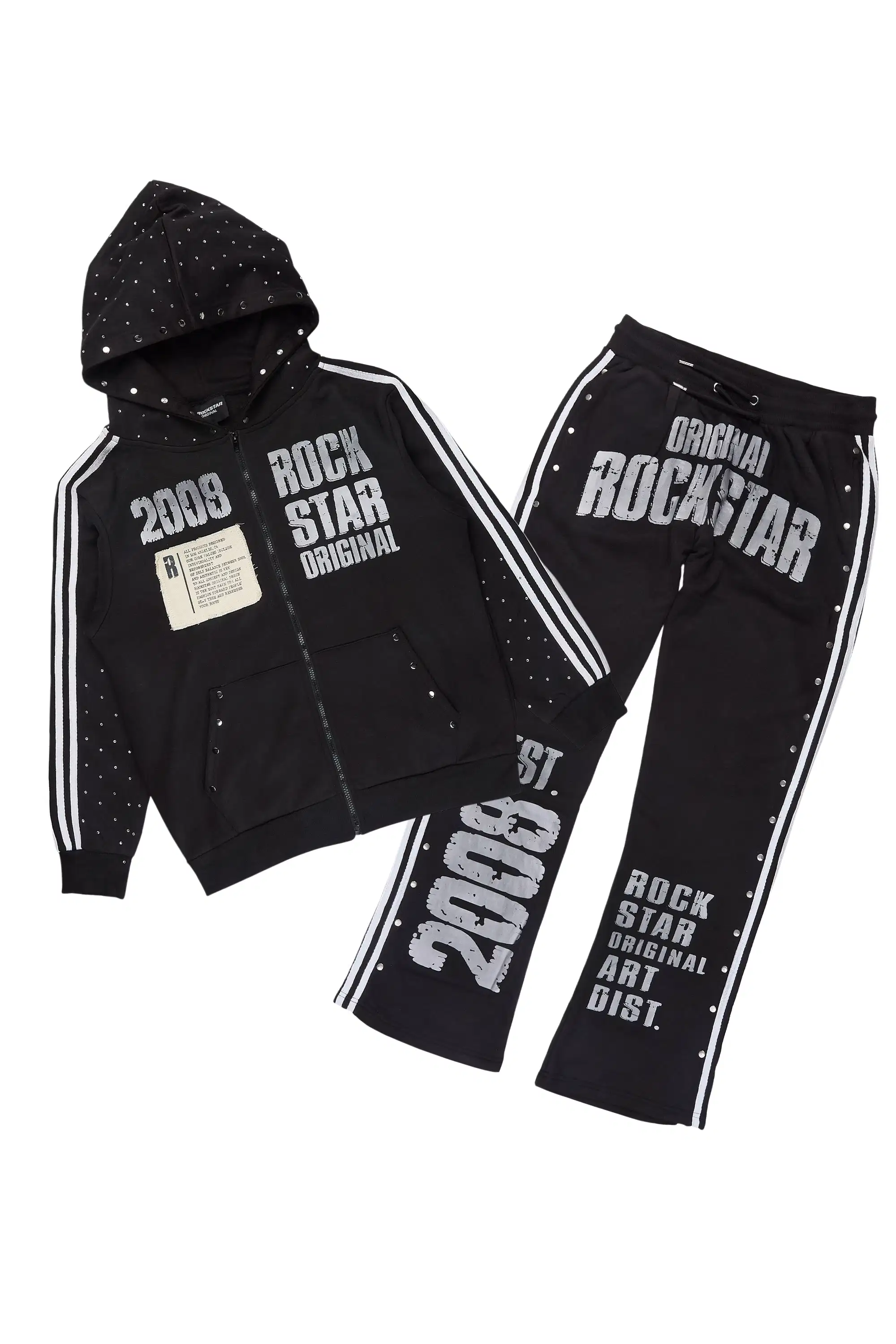 Gusti Black Rhinestone Stacked Flare Hoodie Track Set