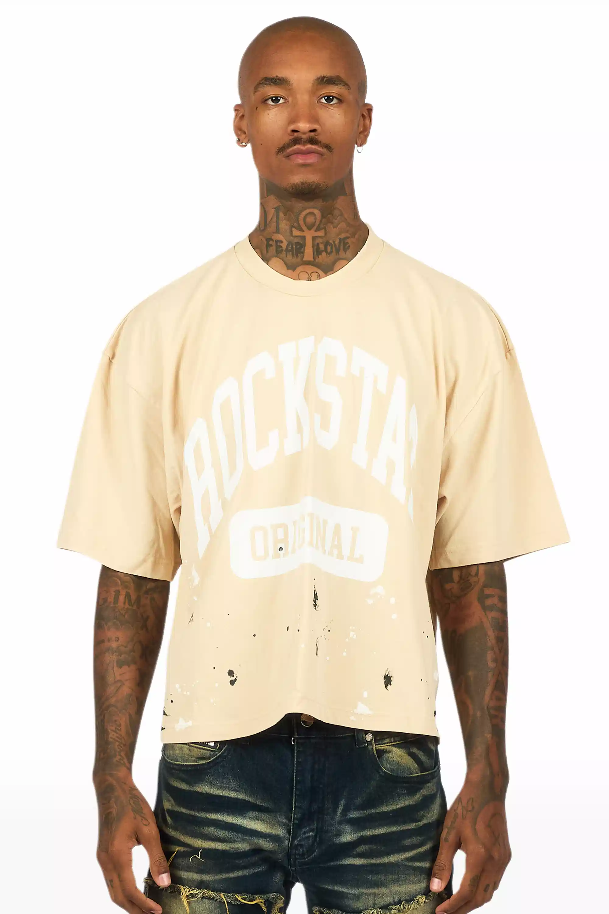 Rainer Beige/White Boxy Crop T-Shirt