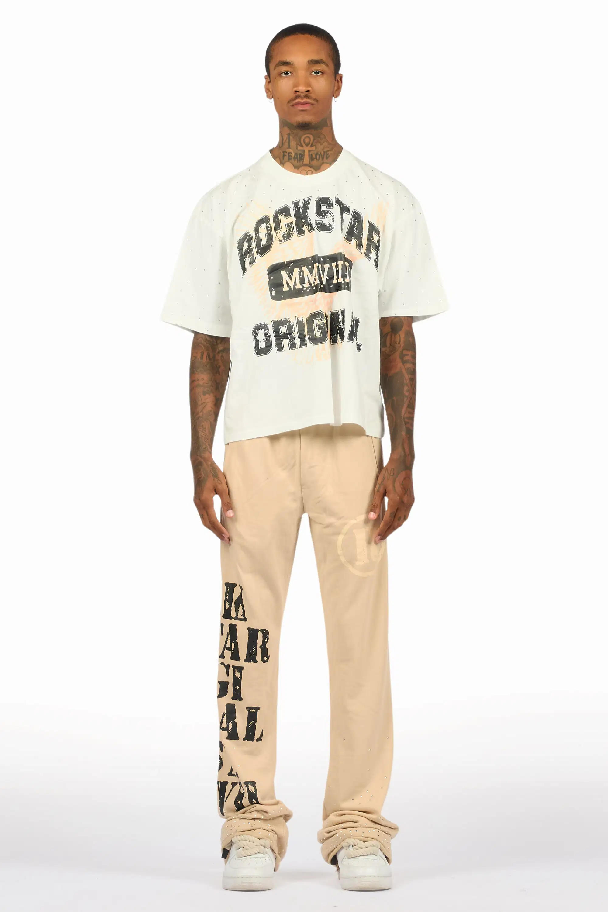 Borya Beige Rhinestone T-Shirt/Baggy Stacked Track Set