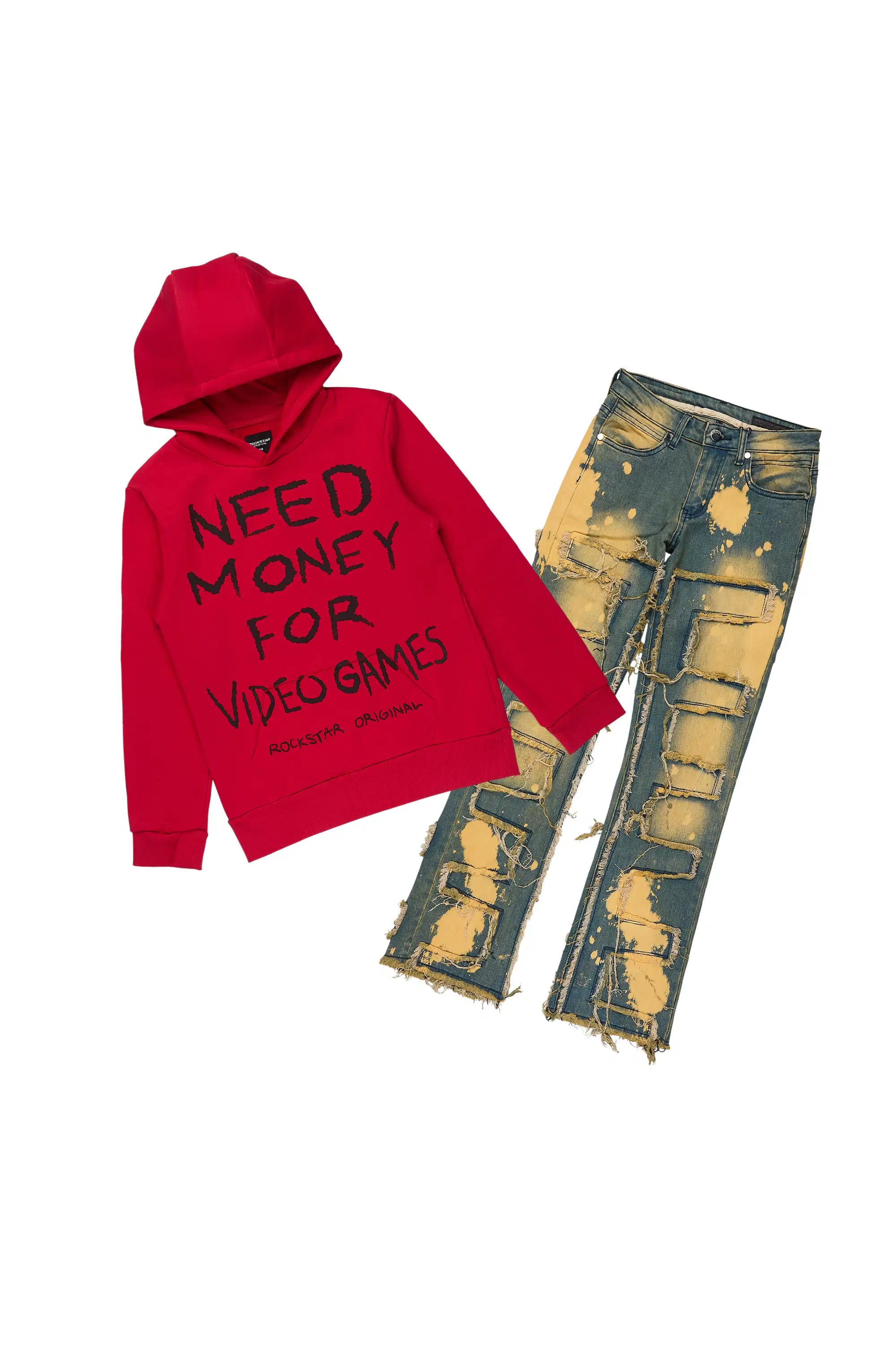 Boys M4 Video Games Red Hoodie/Stacked Jean Set