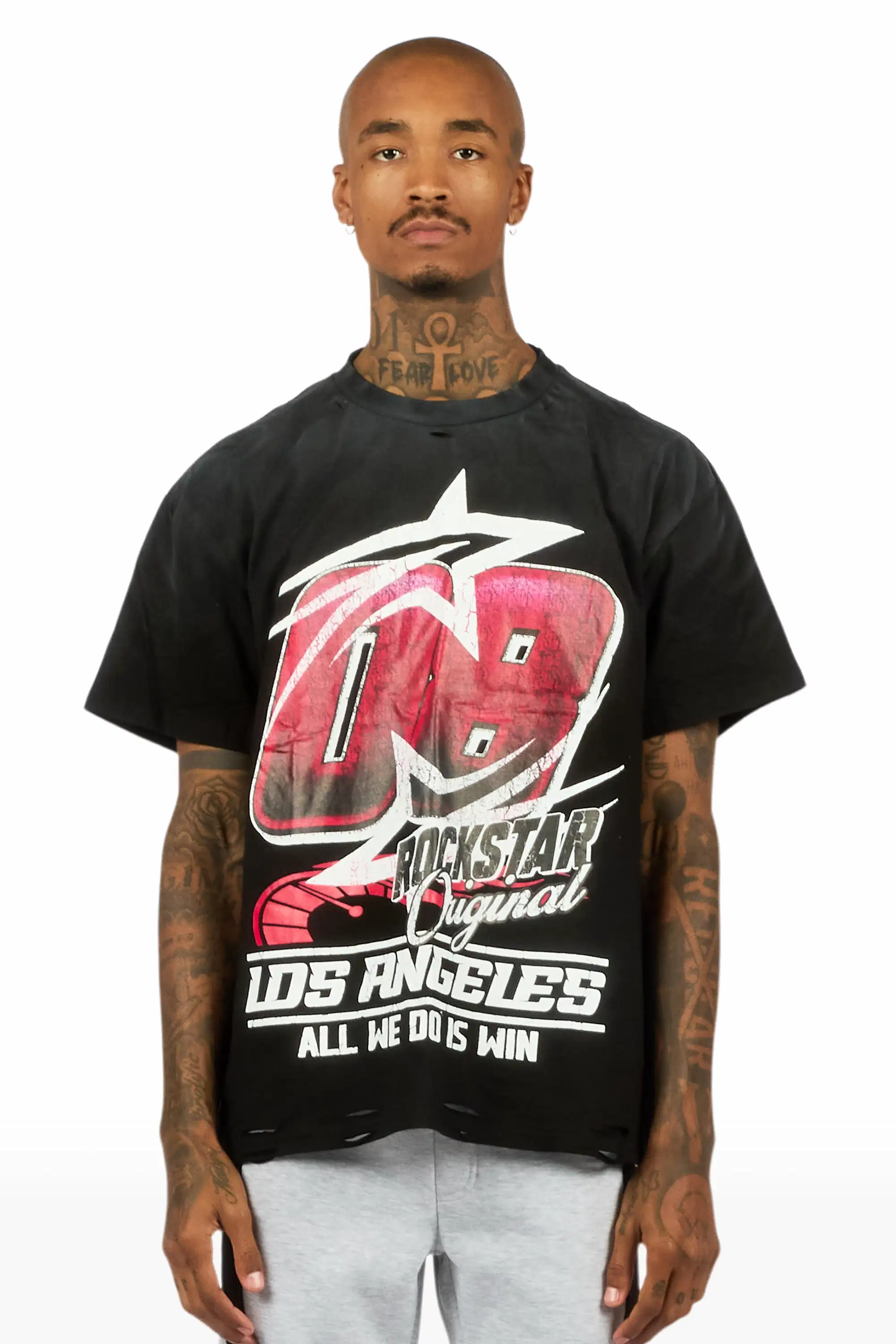 Kastell Black Oversized Distressed Graphic T-Shirt