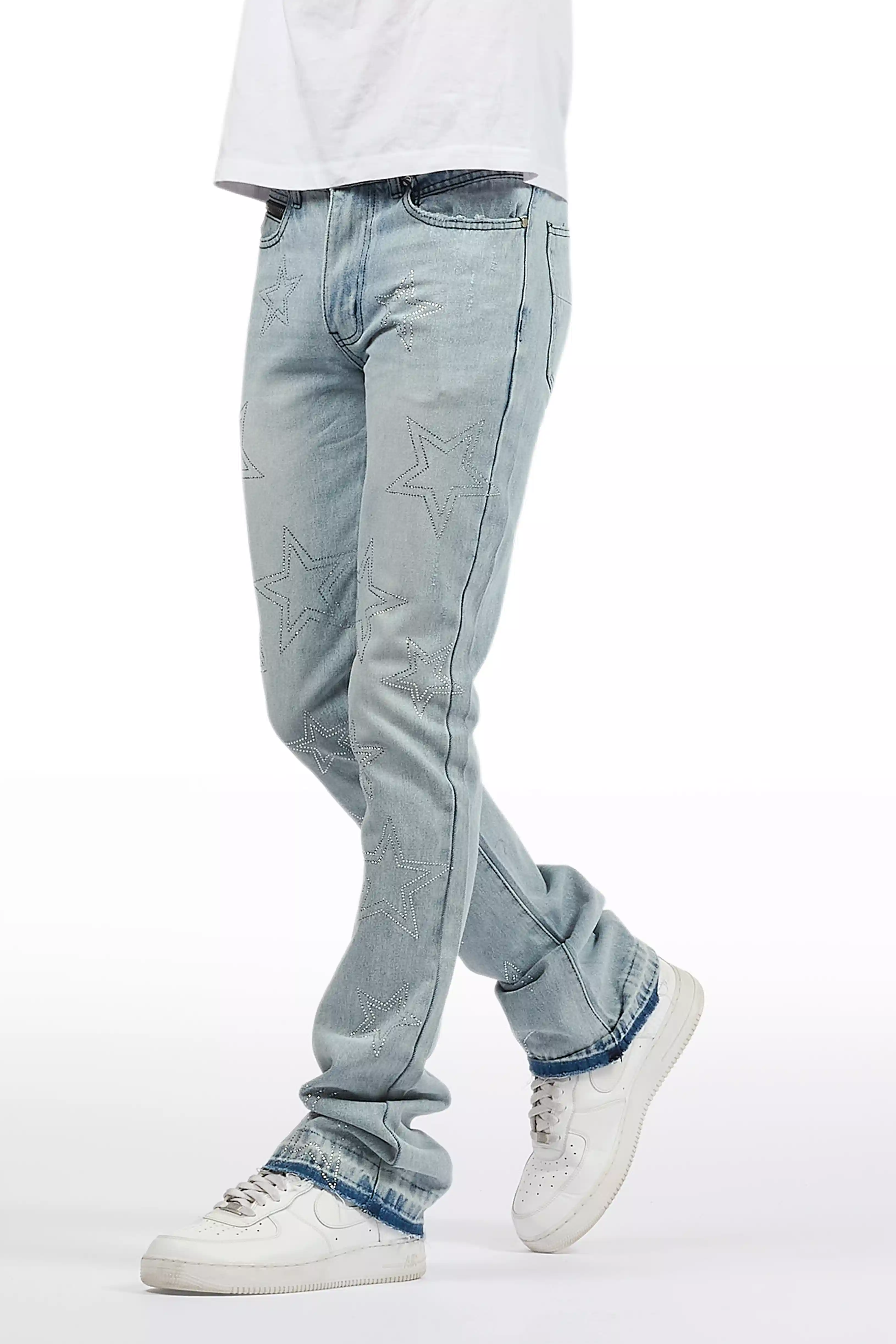 Kama Light Blue Rhinestone Stacked Flare Jean