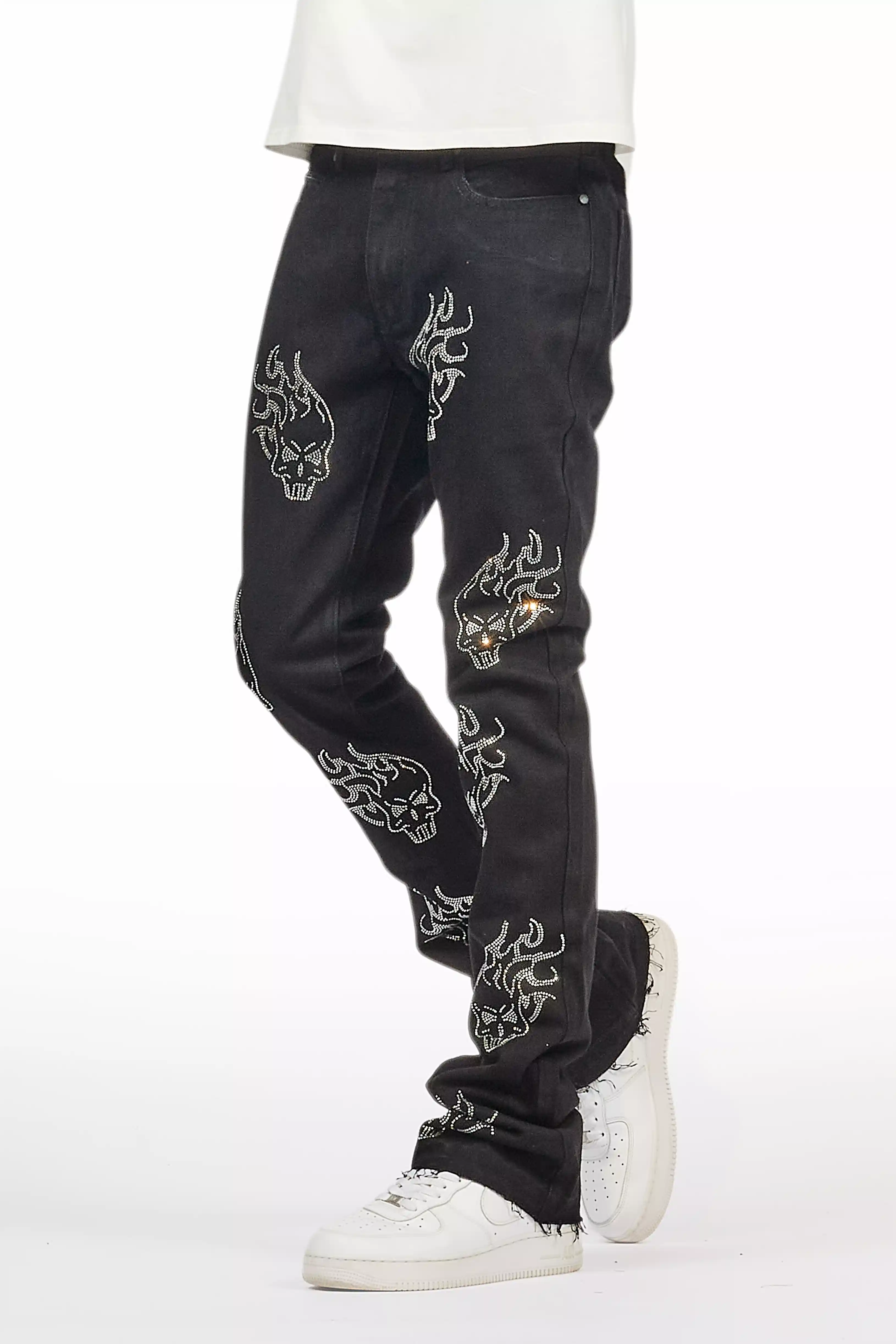 Yari Jet Black Rhinestone Stacked Flare Jean