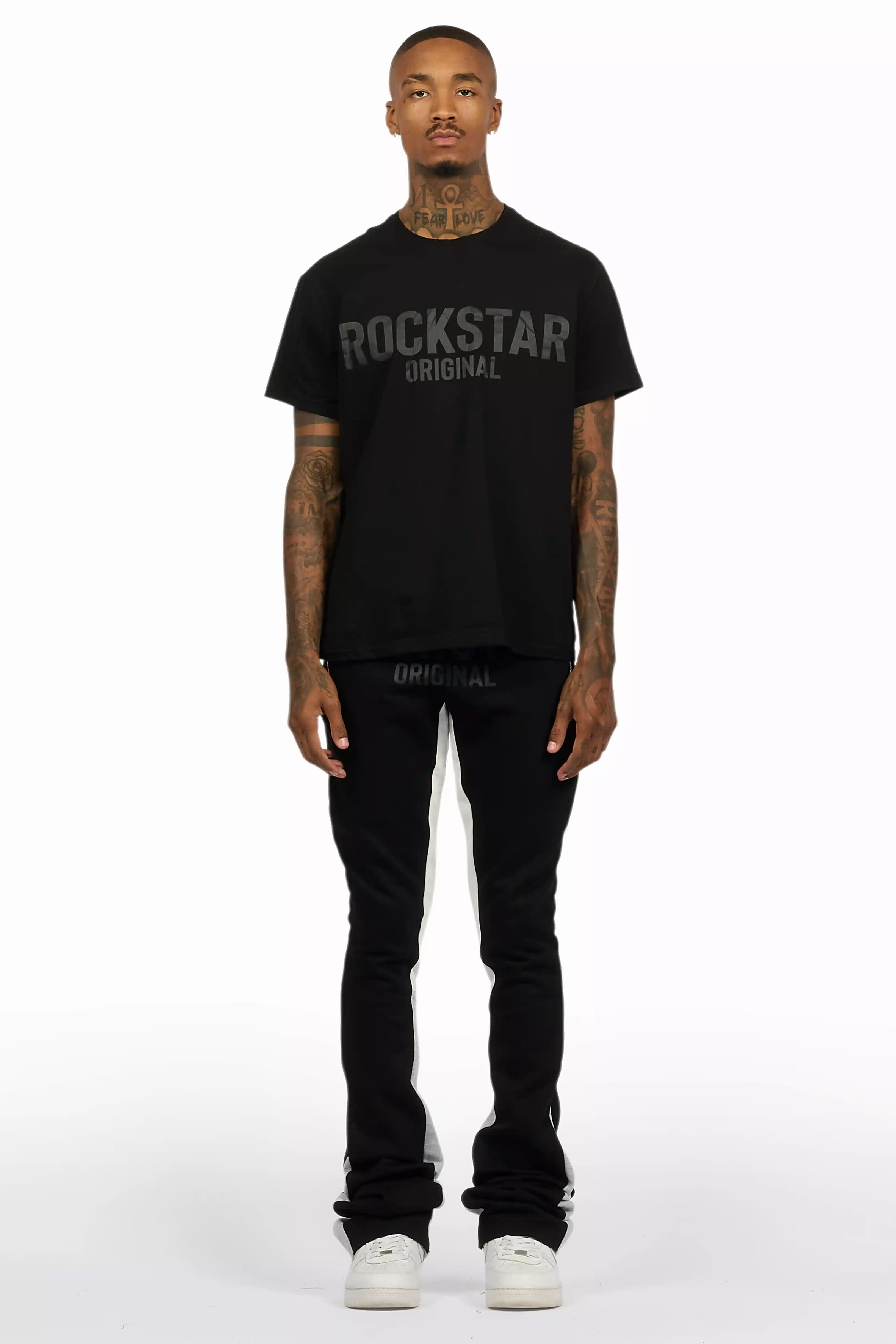 Sana Black T-Shirt/Stacked Track Pant Set