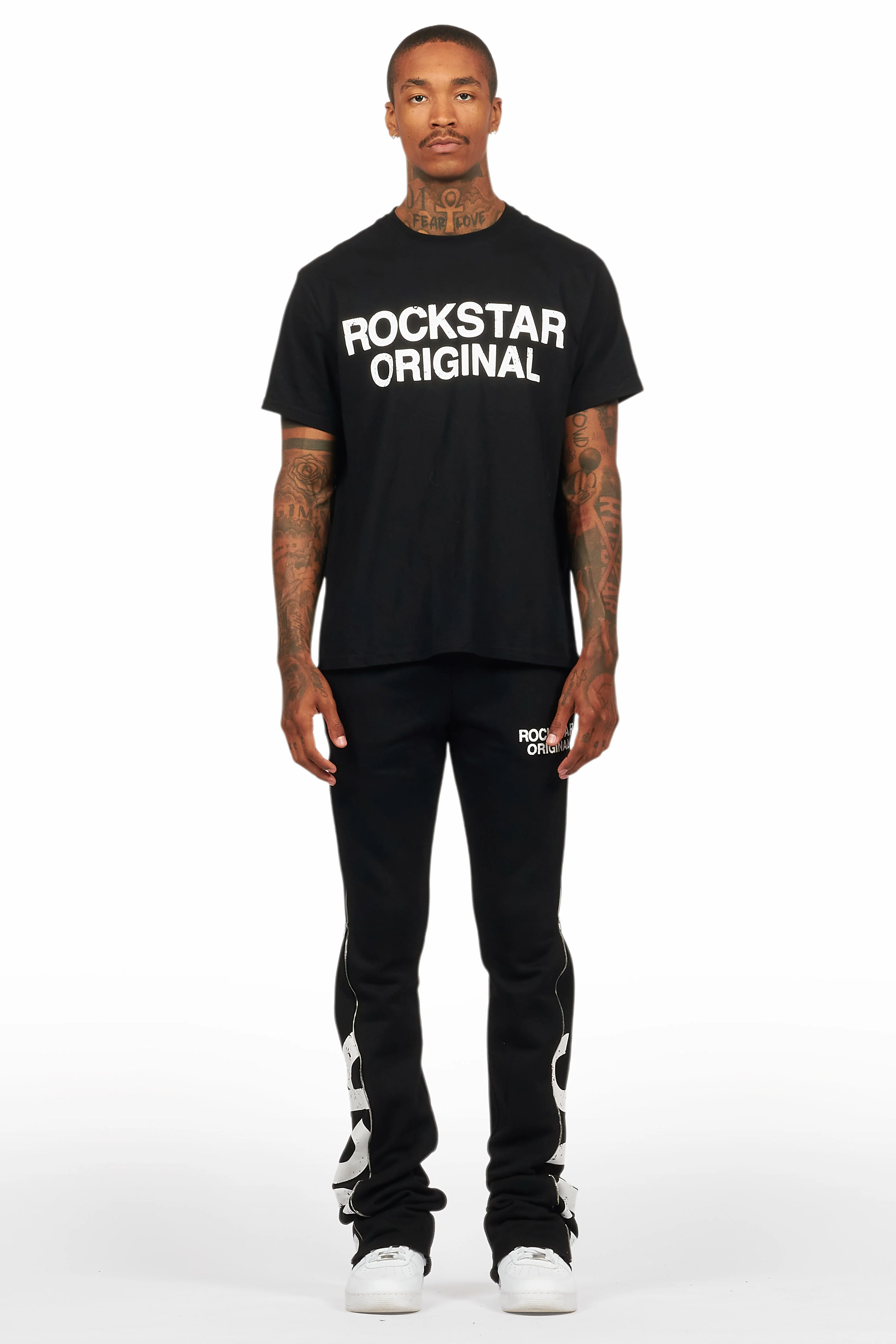 Deniska Black T-Shirt/Baggy Stacked Flare Track Set