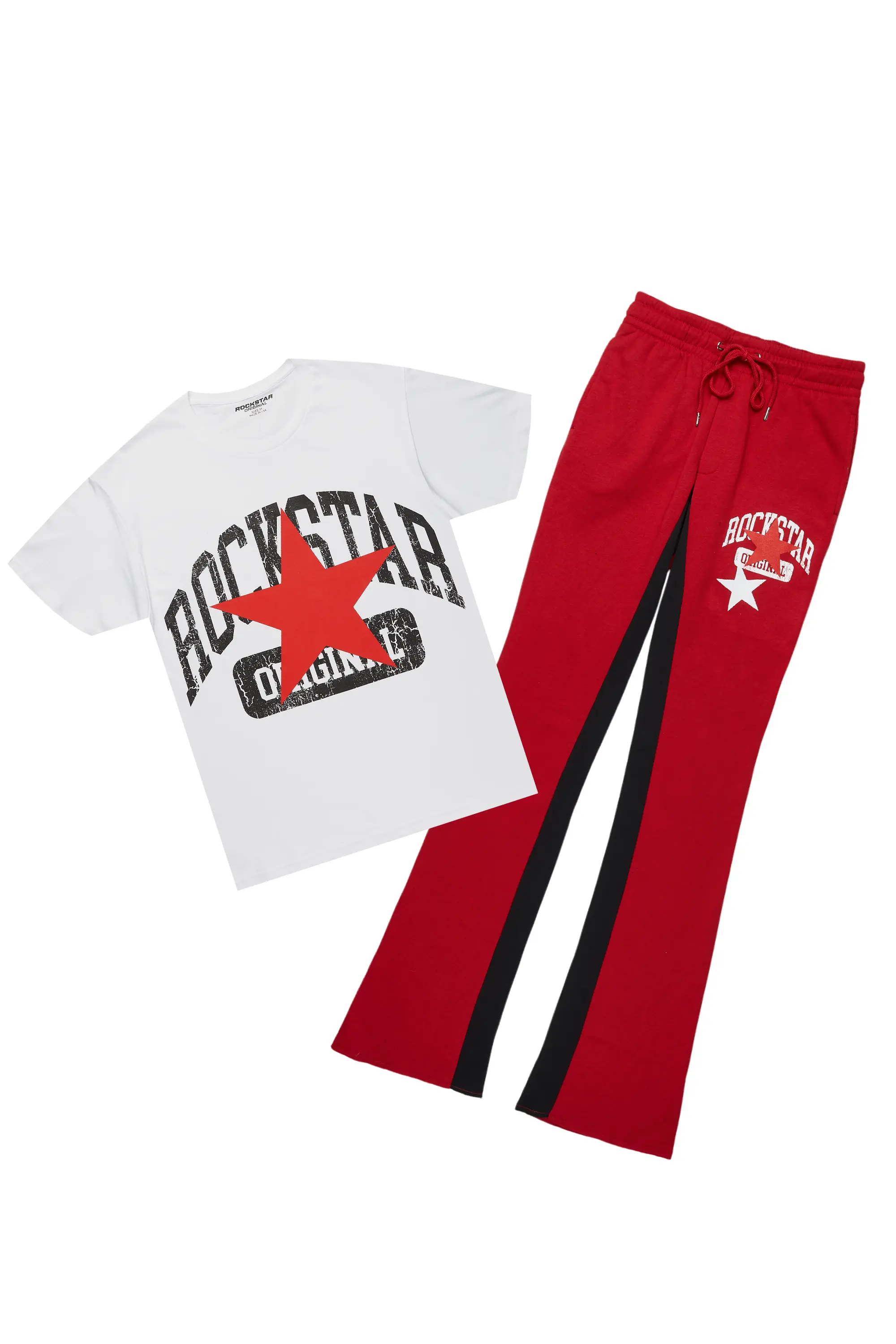 Mallor White/Burgundy T-Shirt/Stacked Baggy Track Pant Set