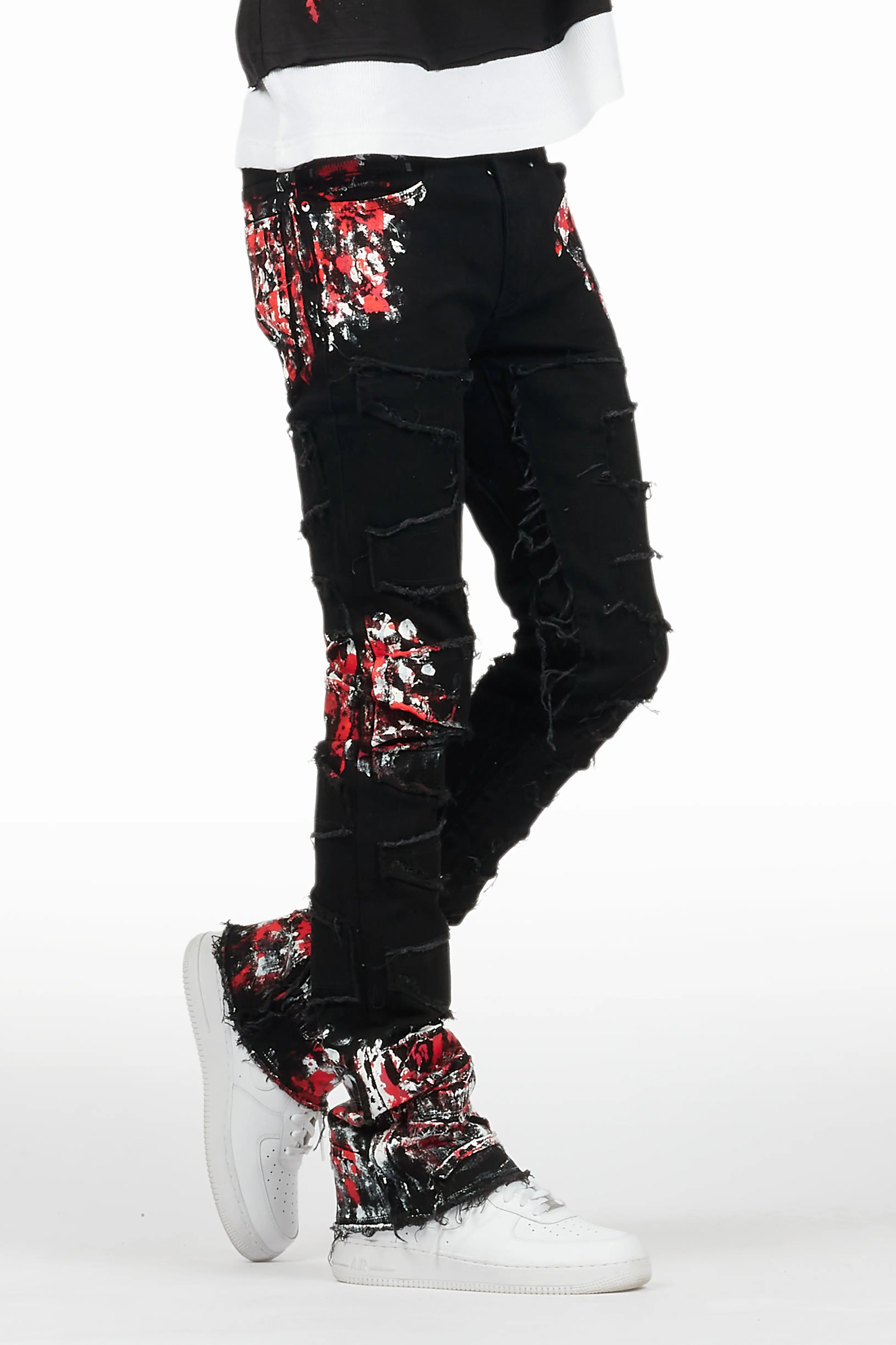 Kodak Black/Red Painter Stacked Flare Fringe Jean