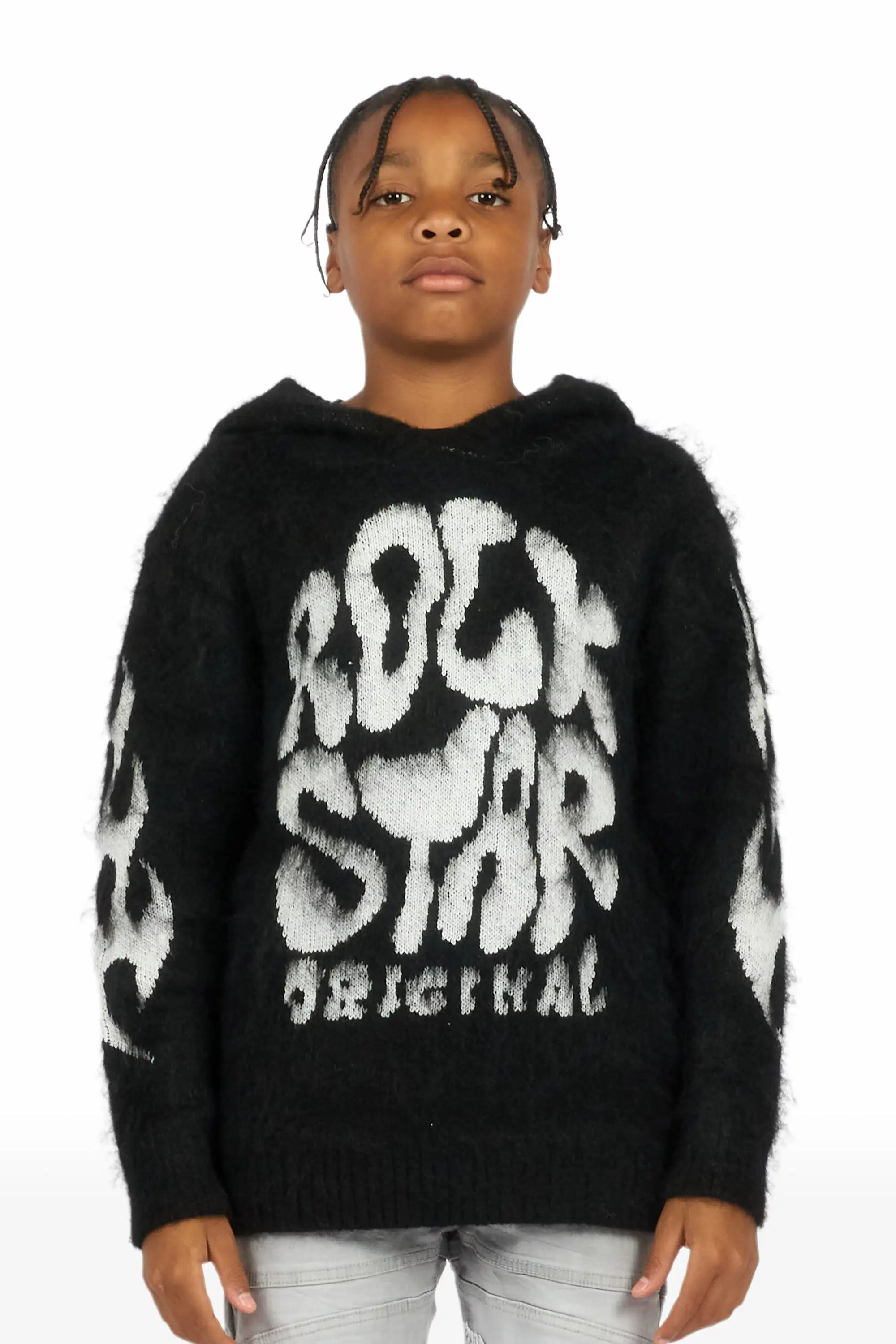 Boys Hakon Black Graphic Knitted Mohair Hoodie