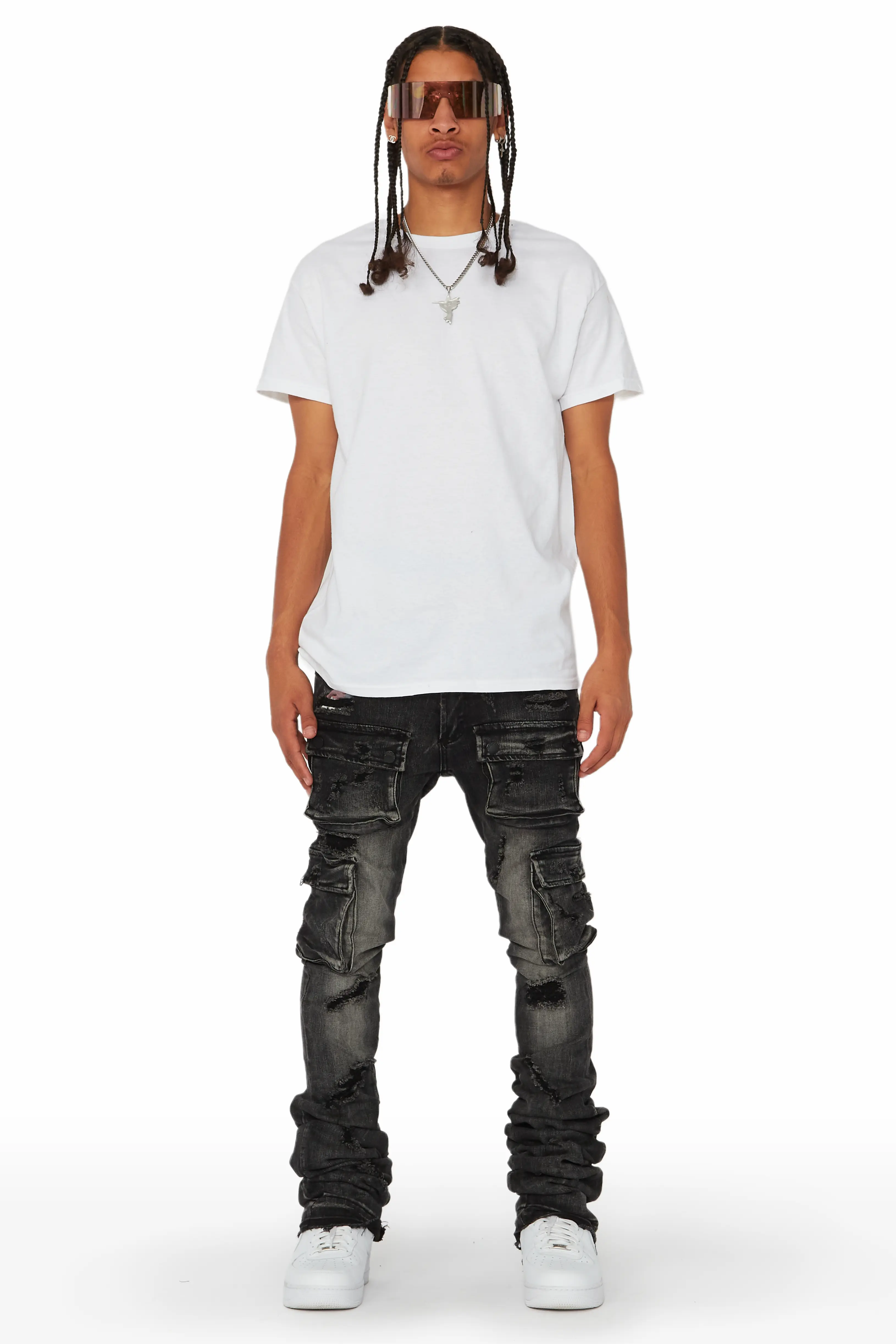 Zaire Grey Cargo Super Stacked Flare Jean