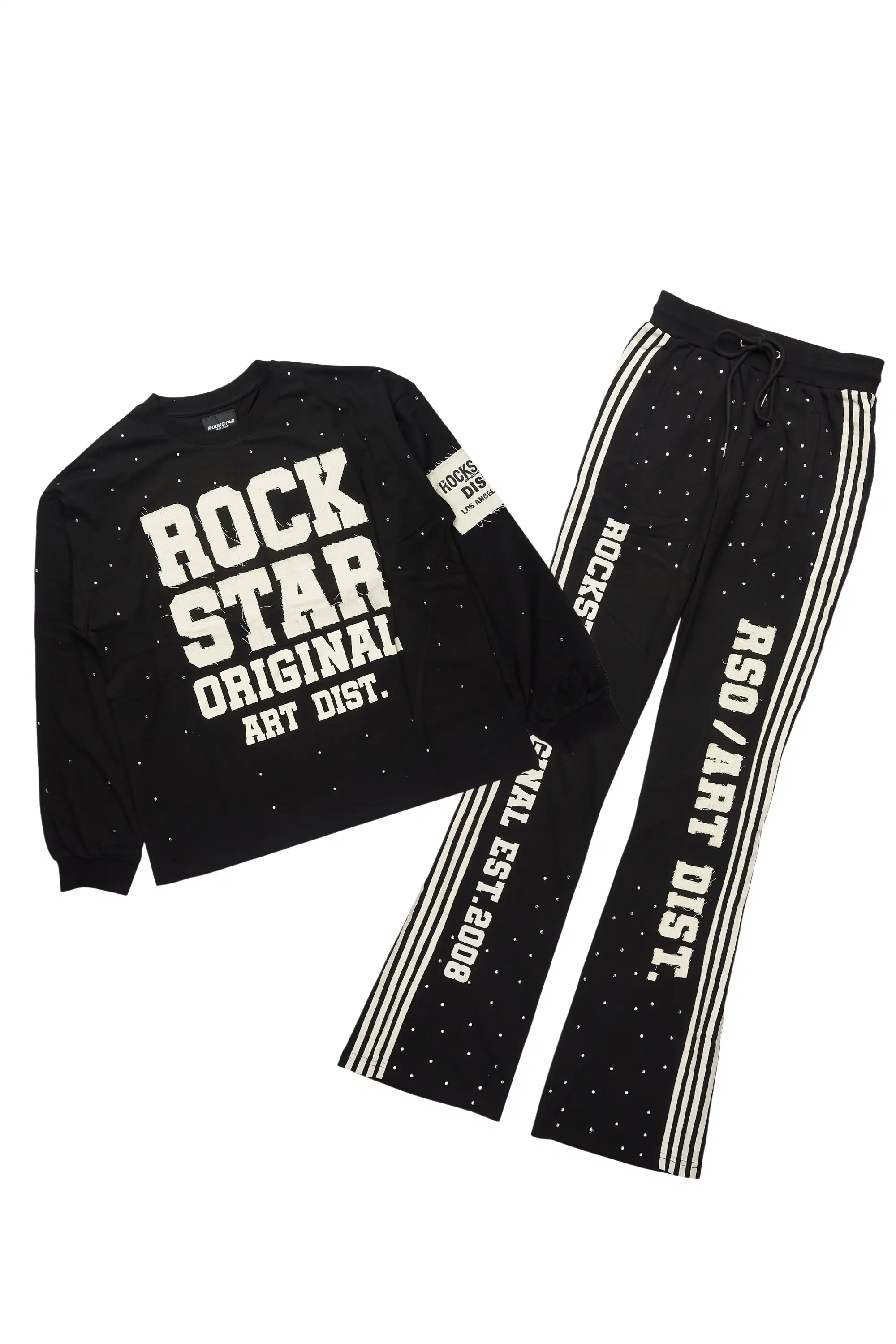 Yulian Black Rhinestone Long Sleeve T-Shirt/Baggy Stacked Track Set