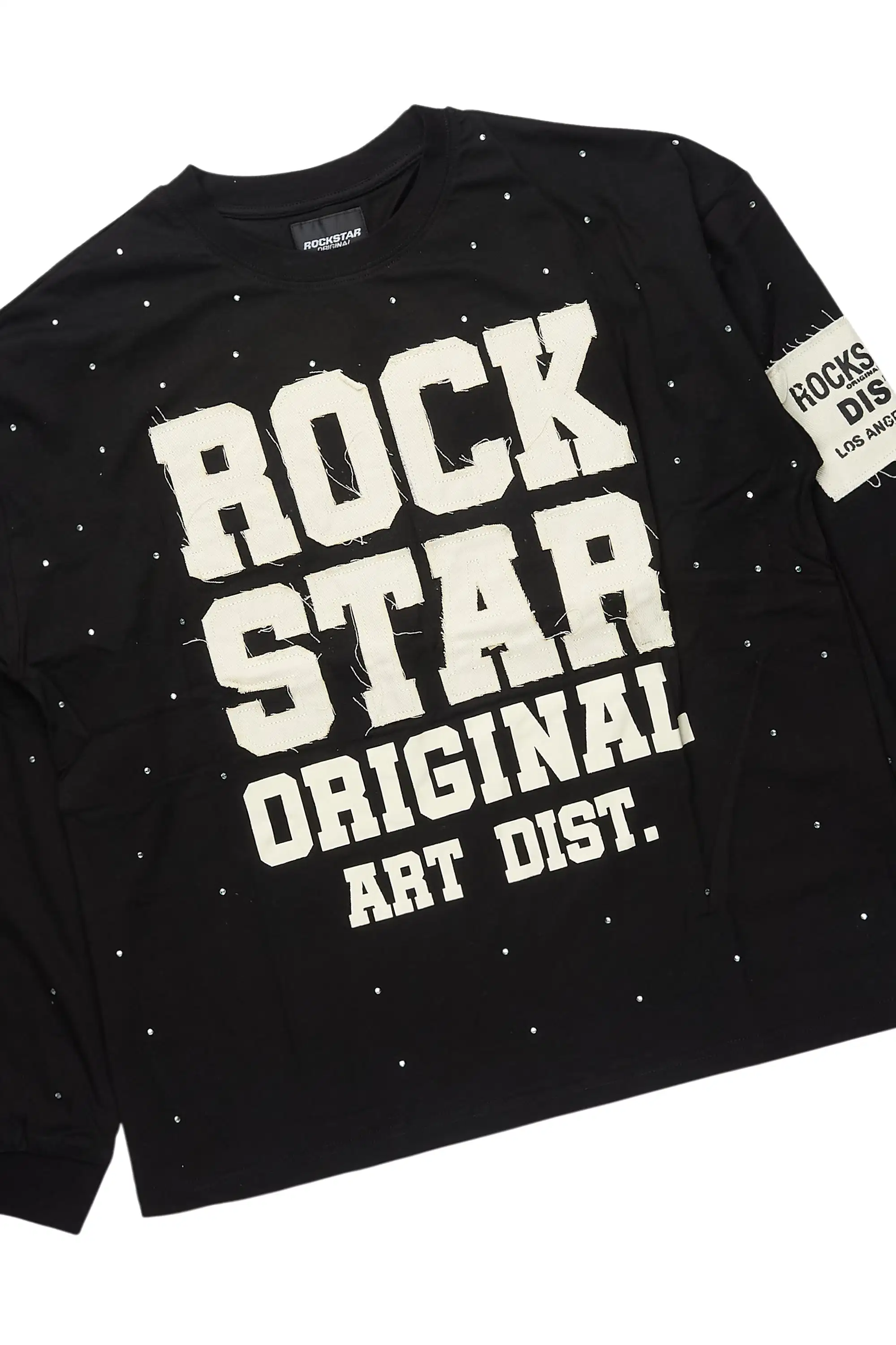 Yulian Black Rhinestone Long Sleeve T-Shirt/Baggy Stacked Track Set