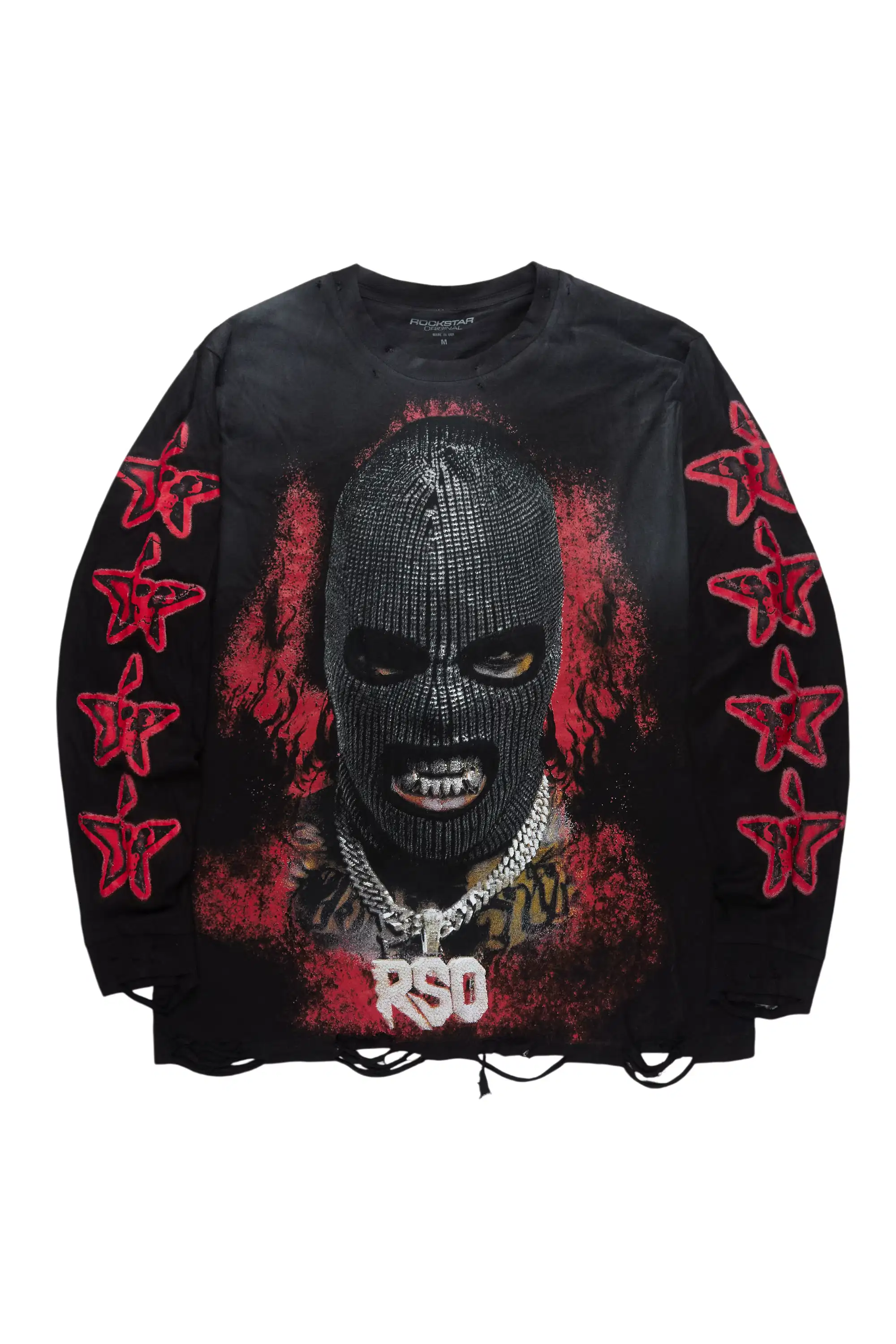 Tyvion Black/Red Long Sleeve Distressed Graphic T-Shirt