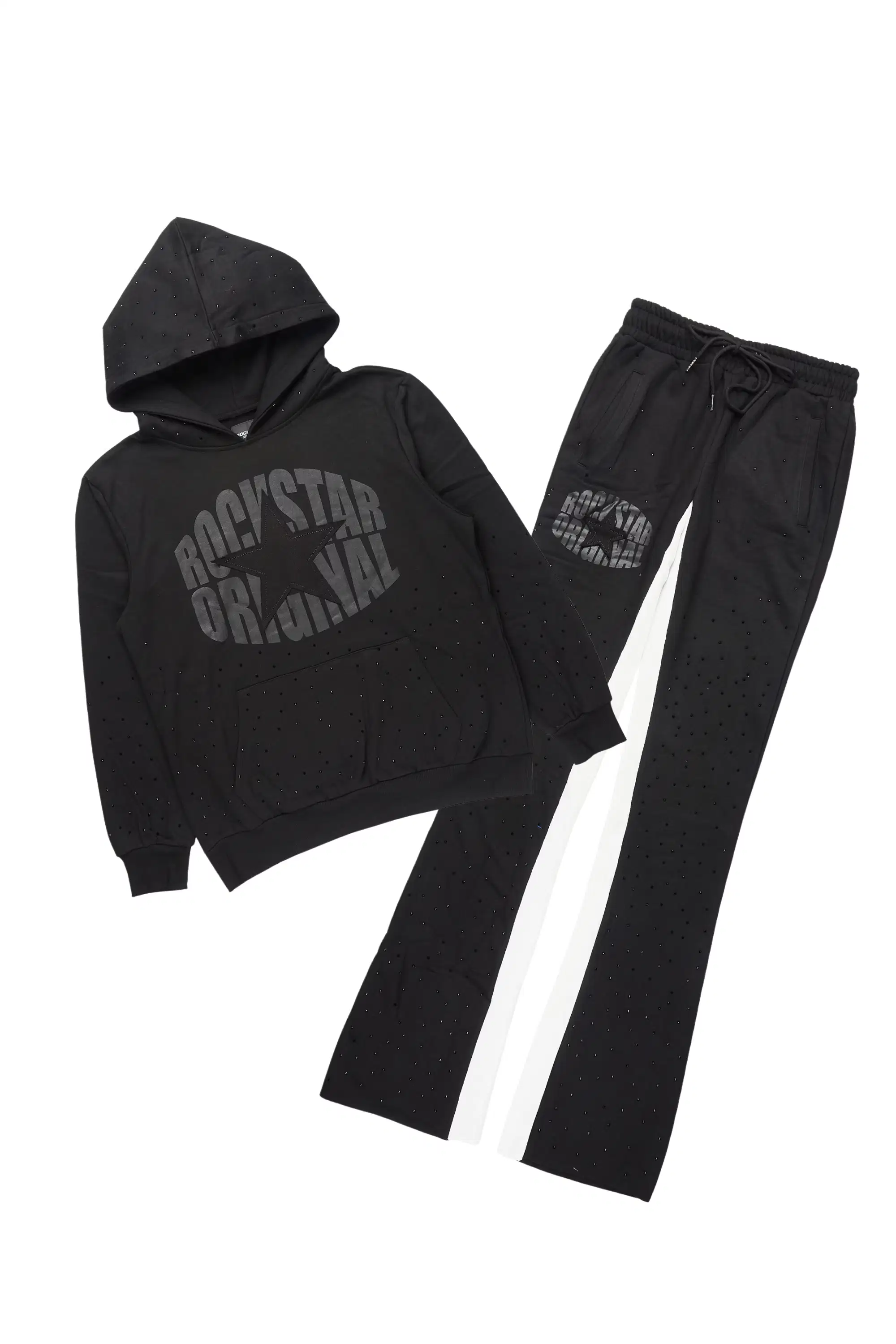 States Black Rhinestone Hoodie Stacked Flare Track Set