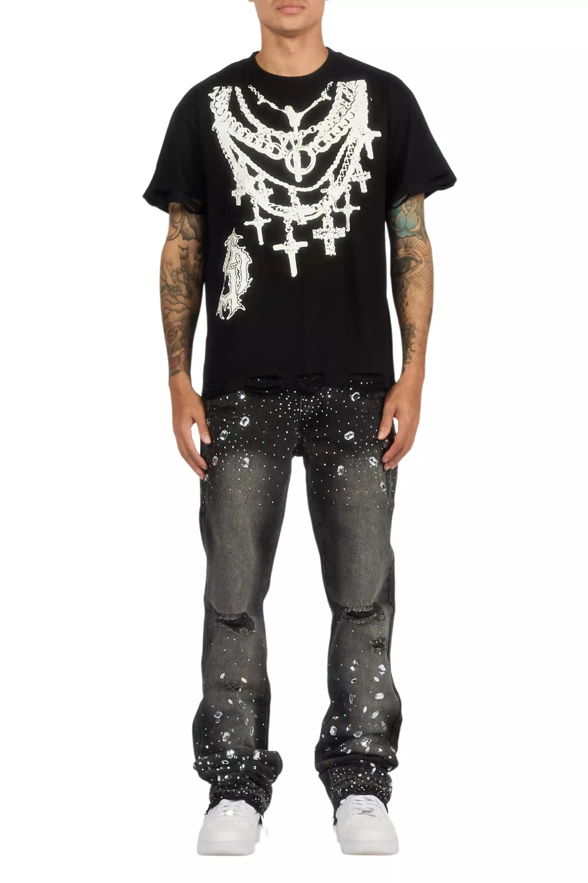 13110-glanz-dark-grey-rhinestone-stacked-flare-jean-9.webp Glanz Dark Grey Rhinestone Stacked Flare Jean