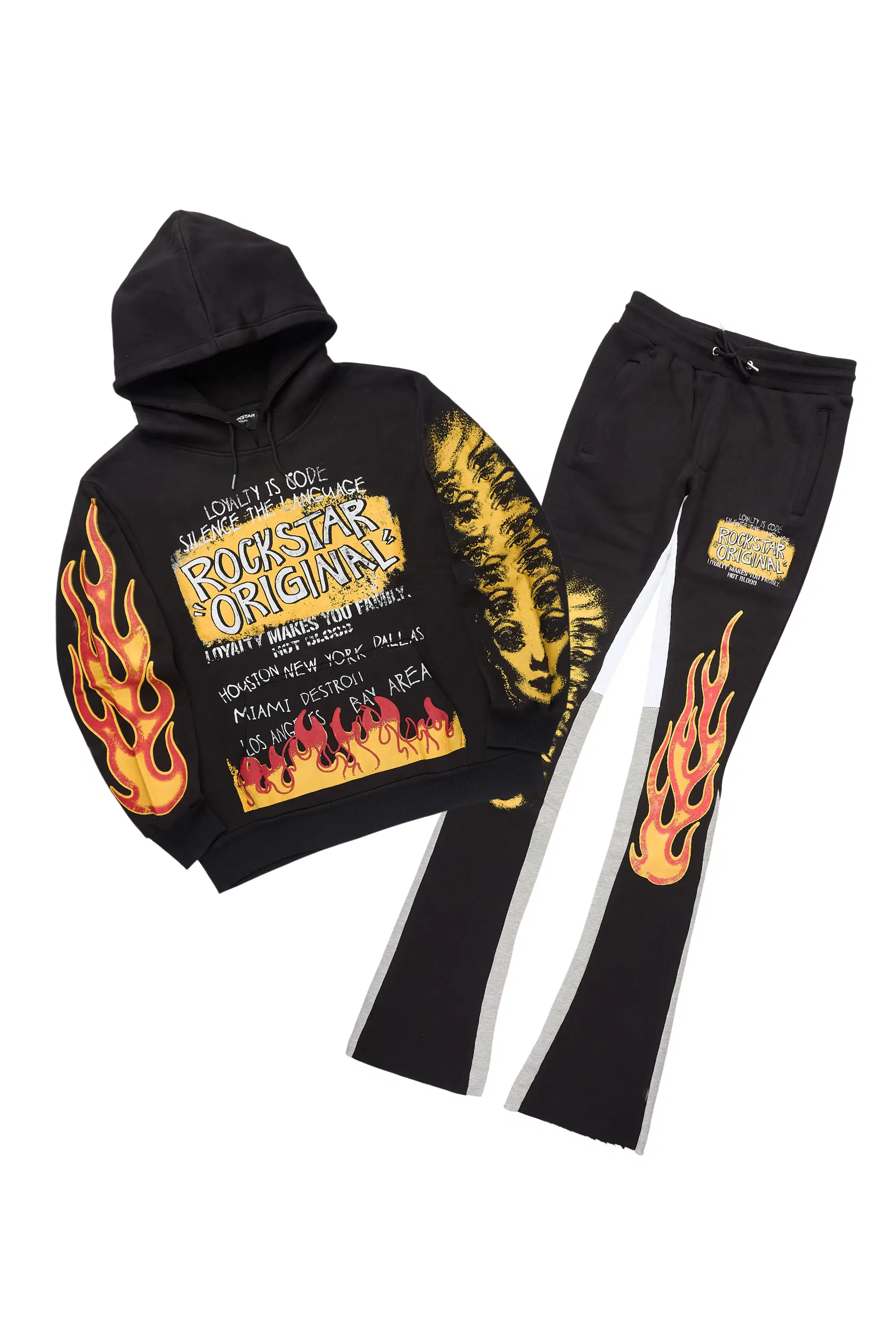 Beno Black Stacked Flare Hoodie Track Set