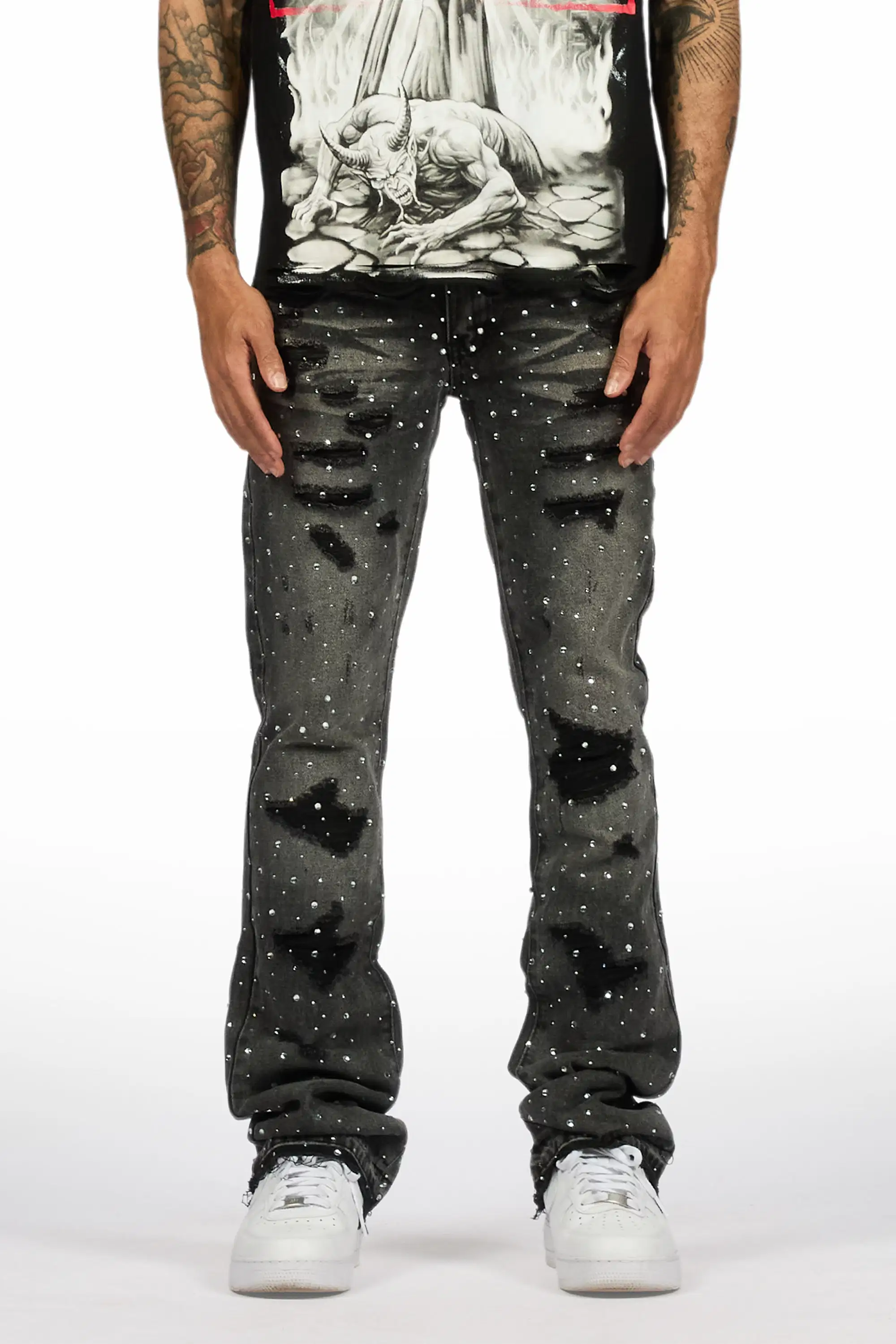 Stunt Dark Grey Rhinestone Stacked Flare Jean