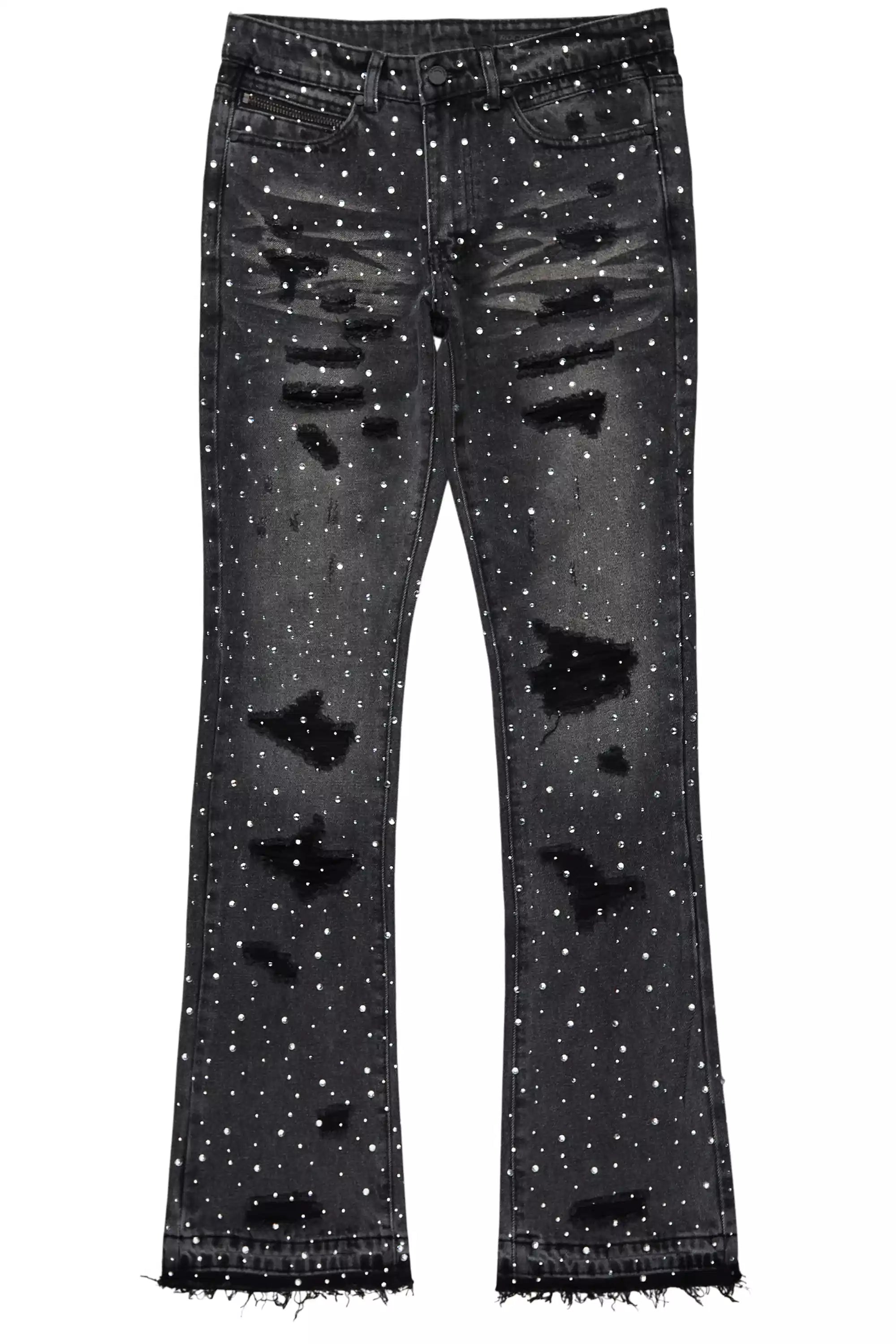 13349-stunt-dark-grey-rhinestone-stacked-flare-jean-2.jpg Stunt Dark Grey Rhinestone Stacked Flare Jean