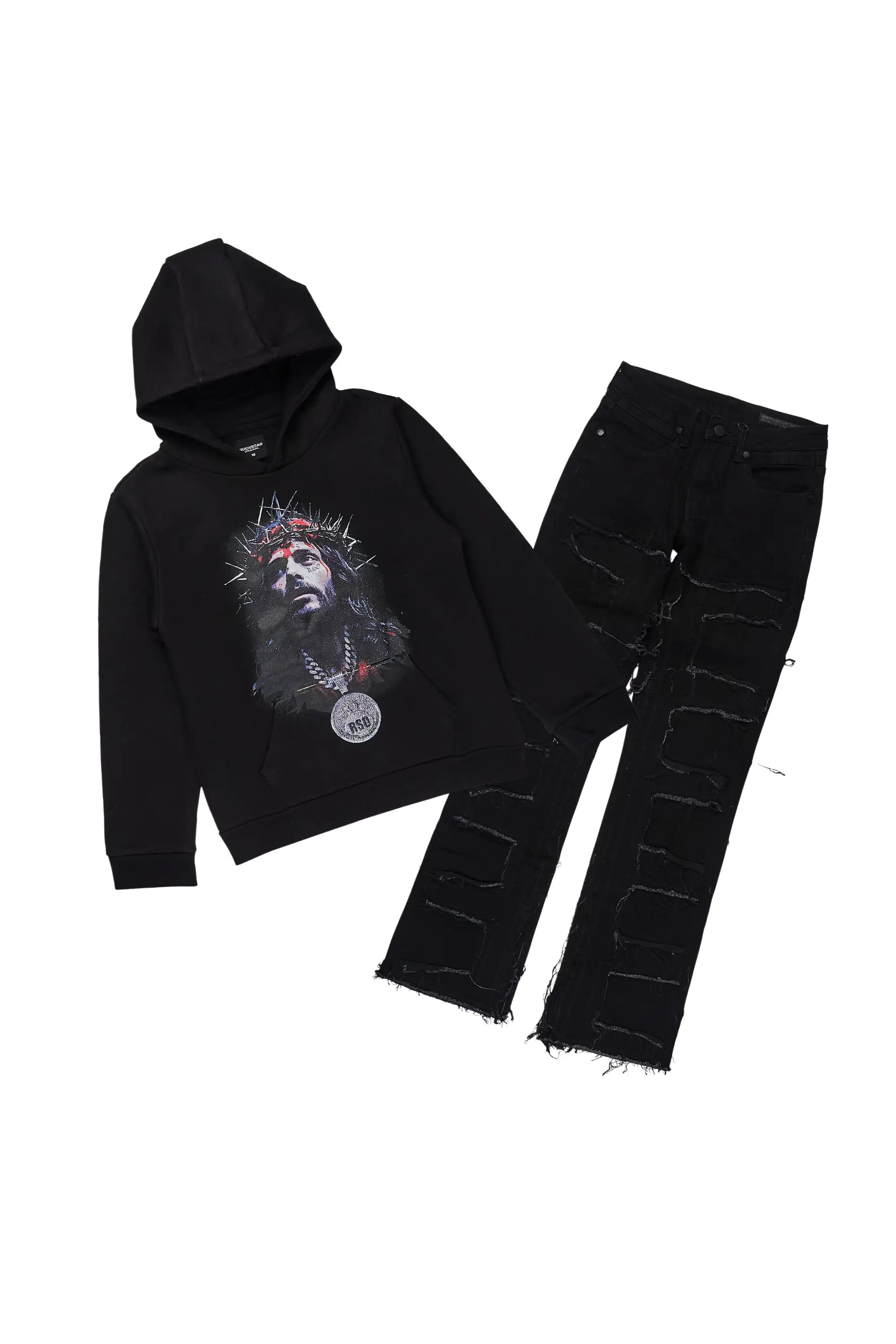 Boys Amina Black Hoodie & Shake Black Stacked Jean Set
