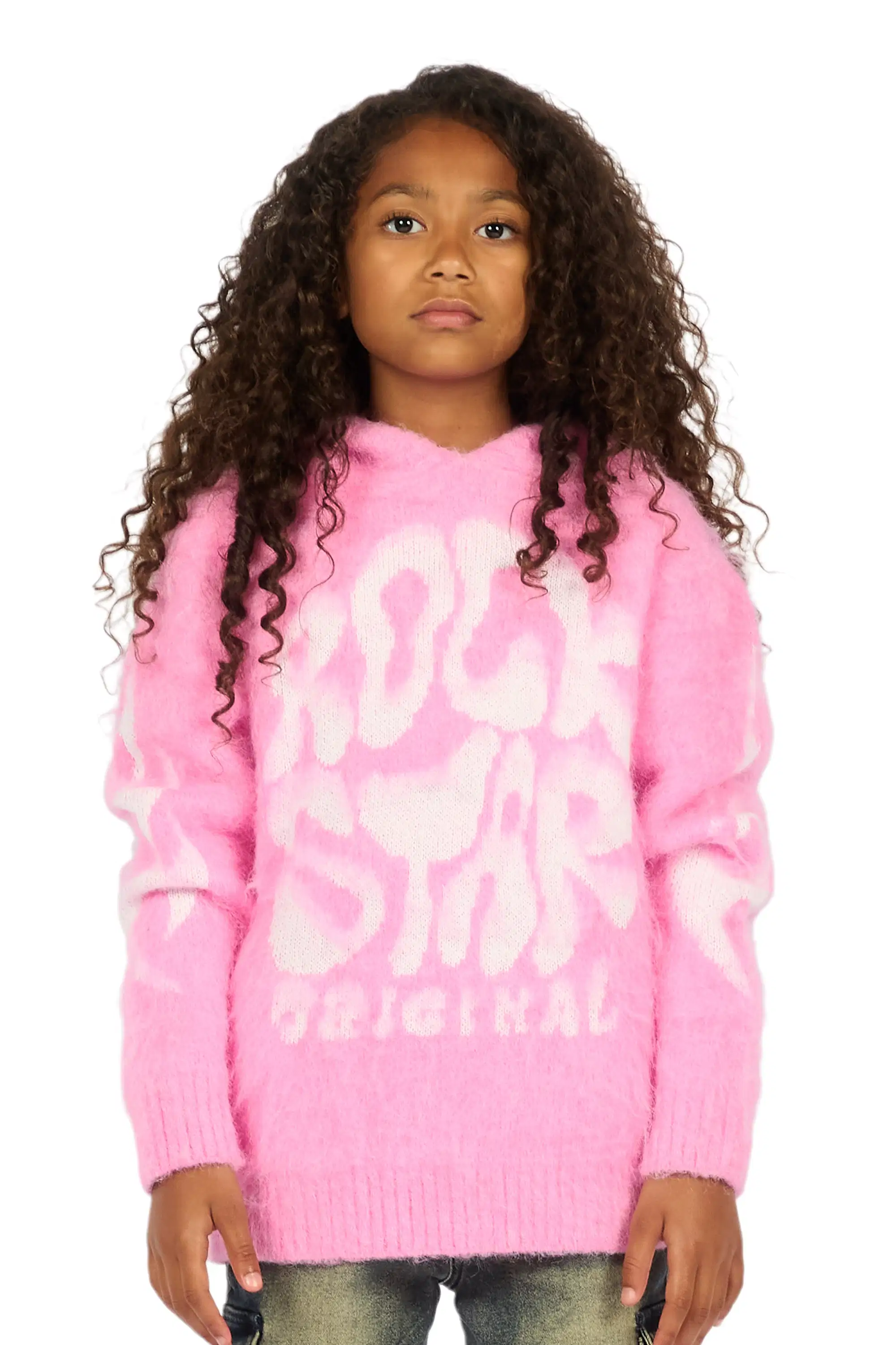 Girls Hakon Pink Graphic Knitted Mohair Hoodies