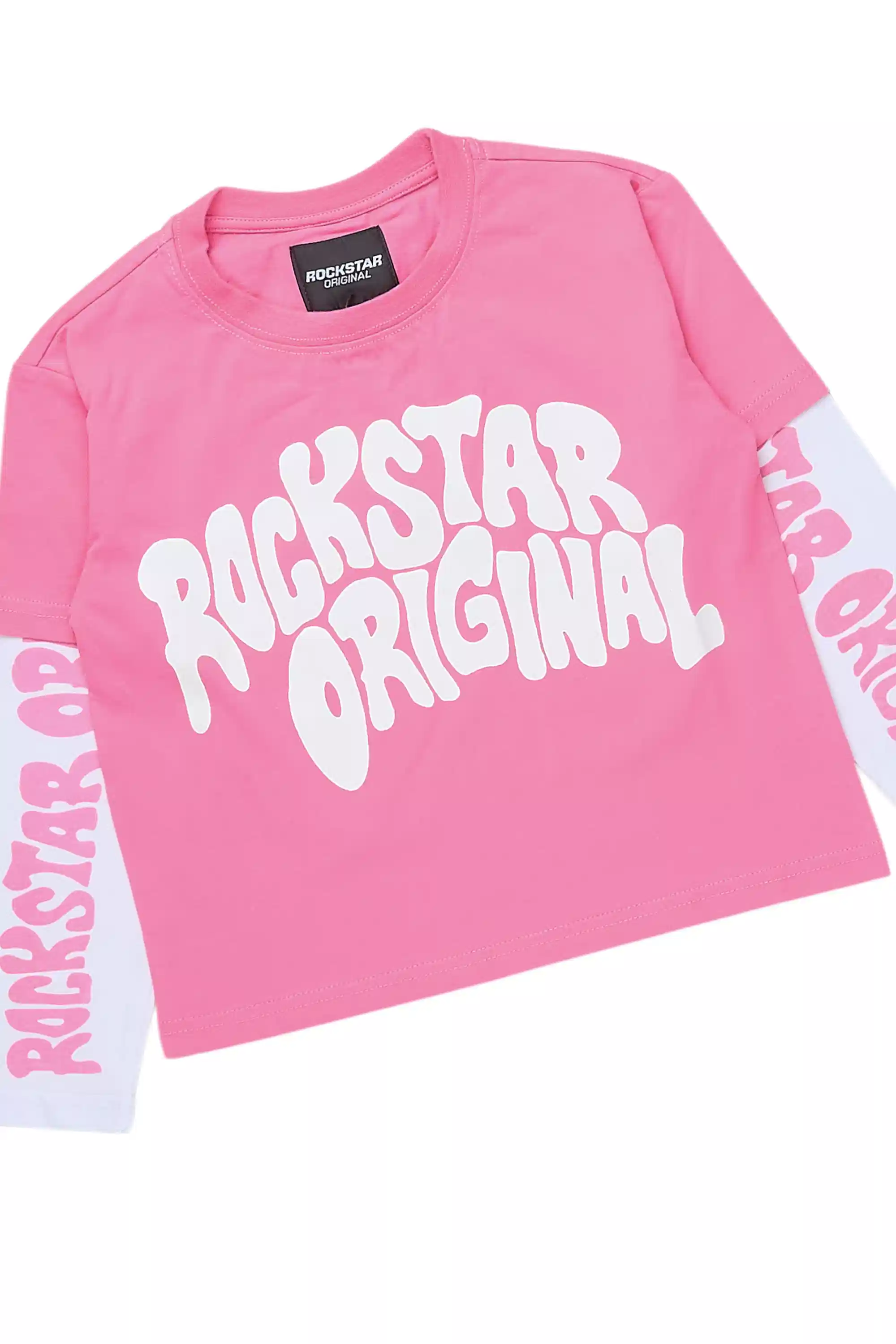Girls Monique Pink Double Layer T-Shirt Stacked Flare Track Pant Set