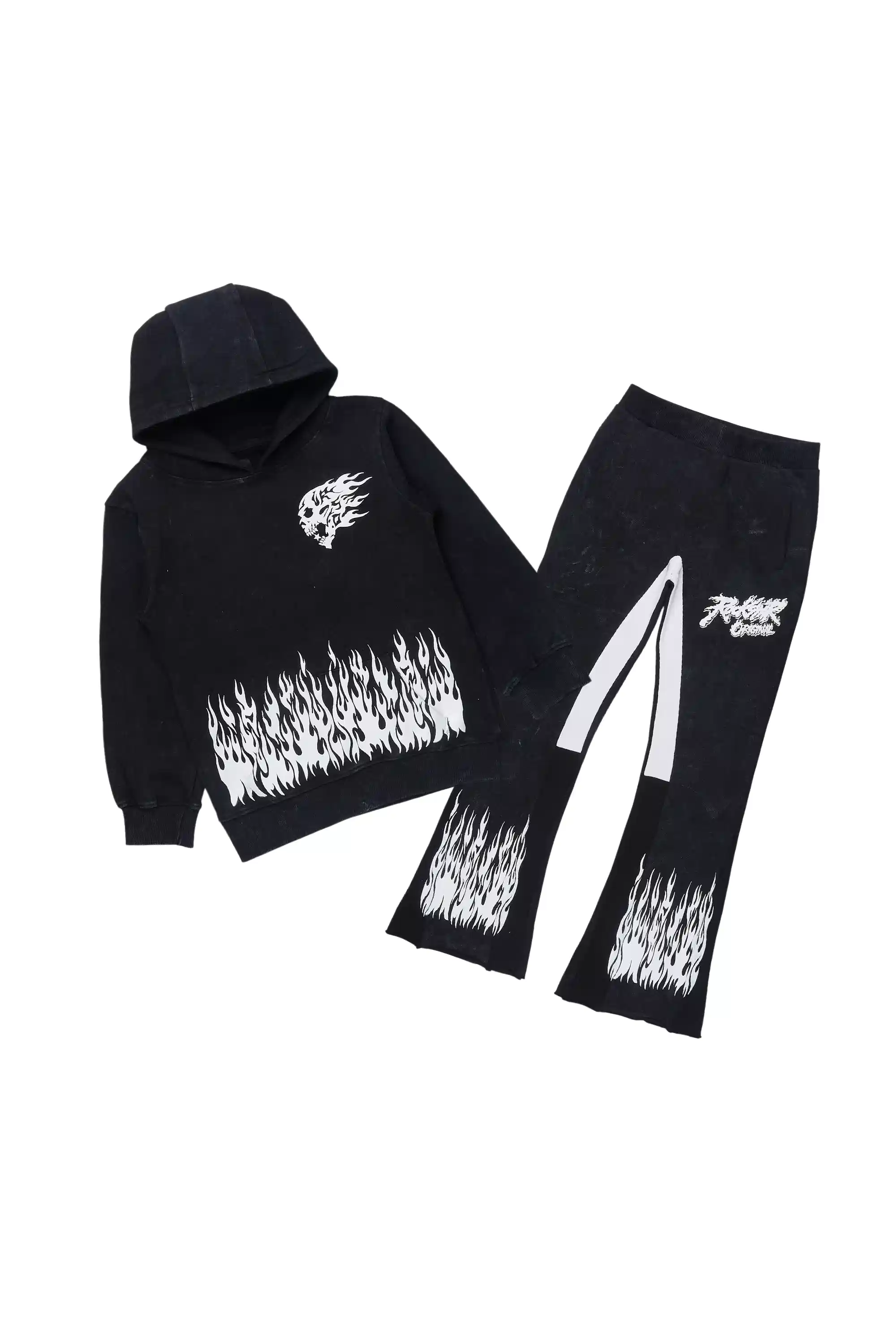 Girls Bubble Vintage Black/White Hoodie Stacked Flare Track Set