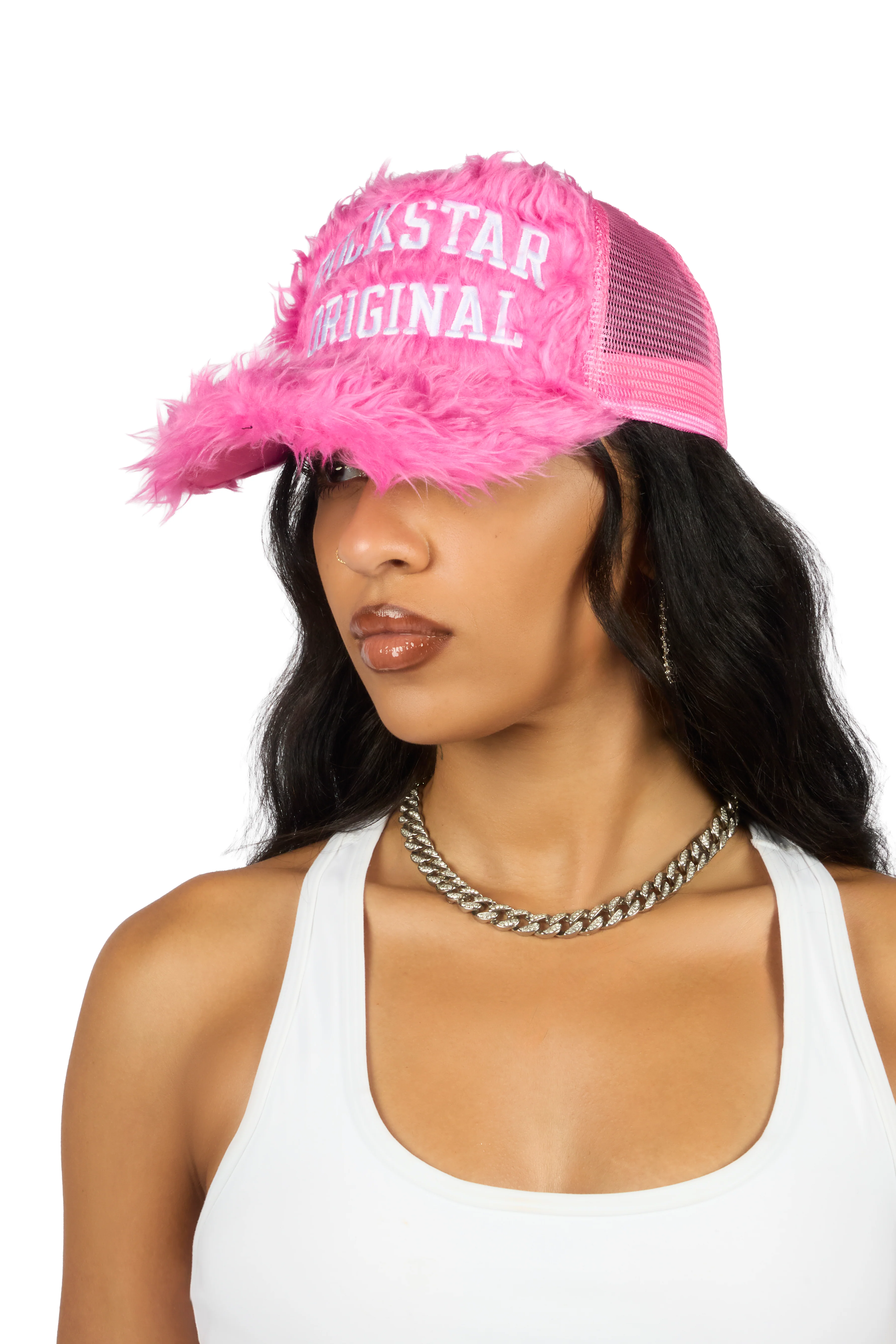 Donnesha Pink Shaggy Fur Trucker Hat