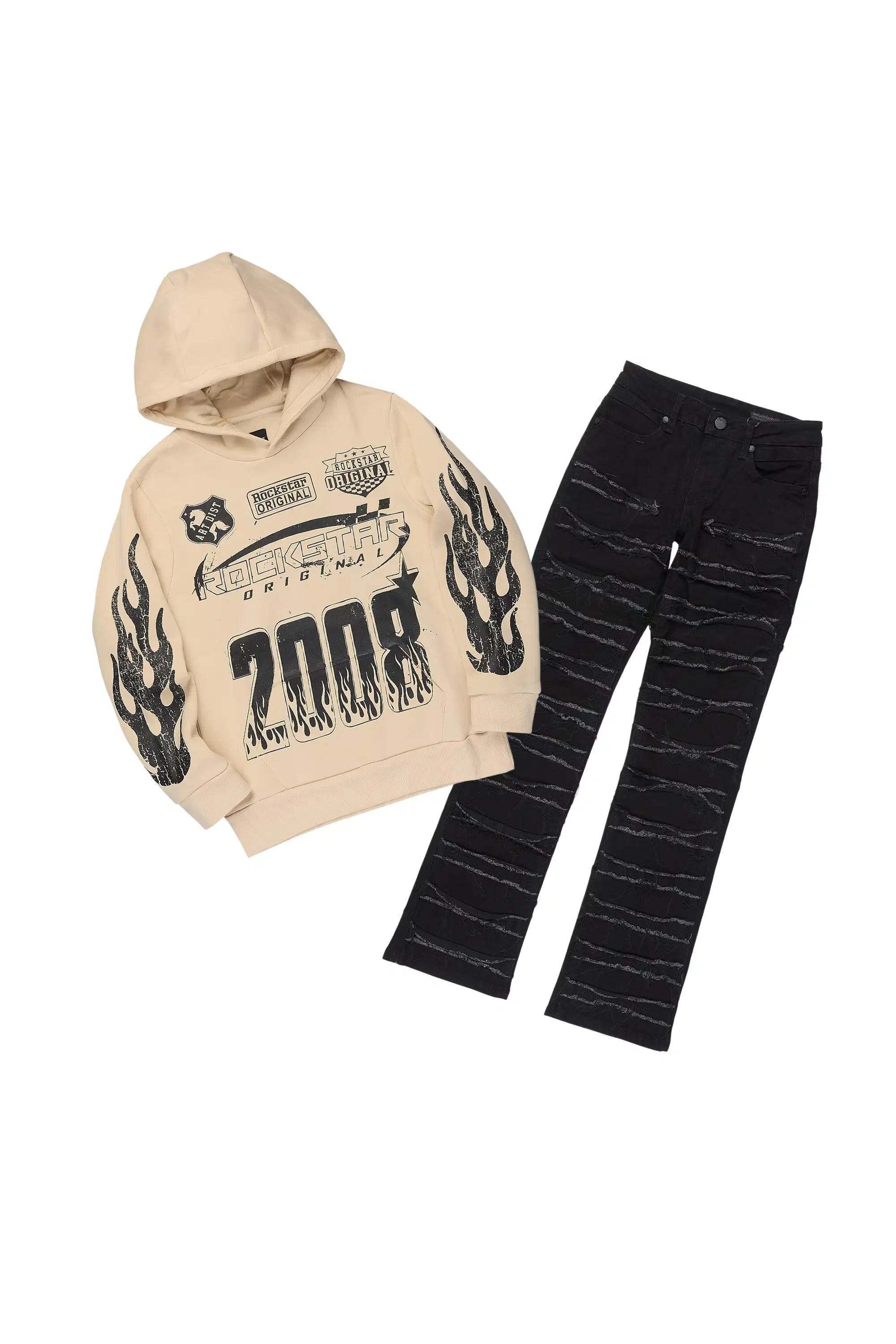 Boys Amos Beige Hoodie/Stacked Jean Set