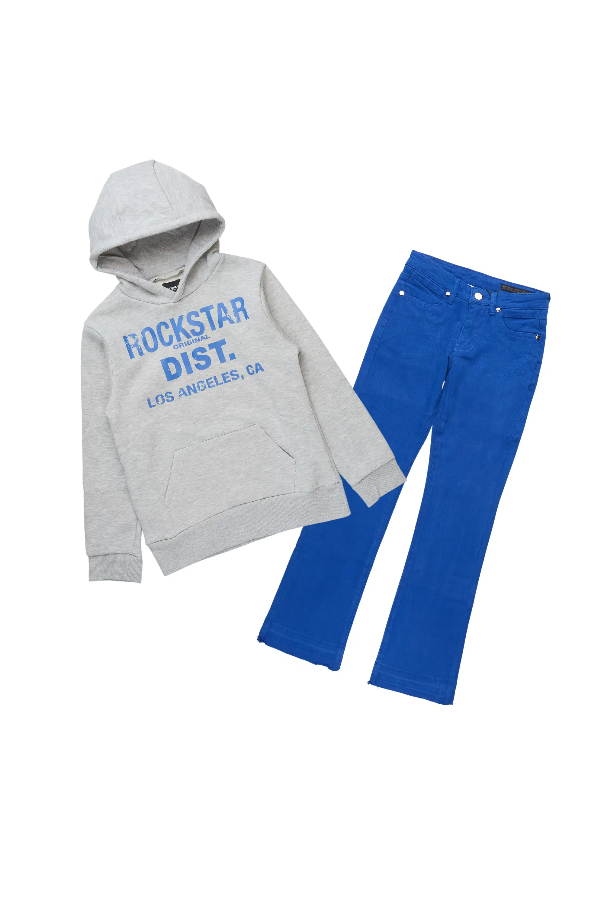 Boys Sana Heather Grey Hoodie & Dag Royal Blue Stacked Flare Jean Set