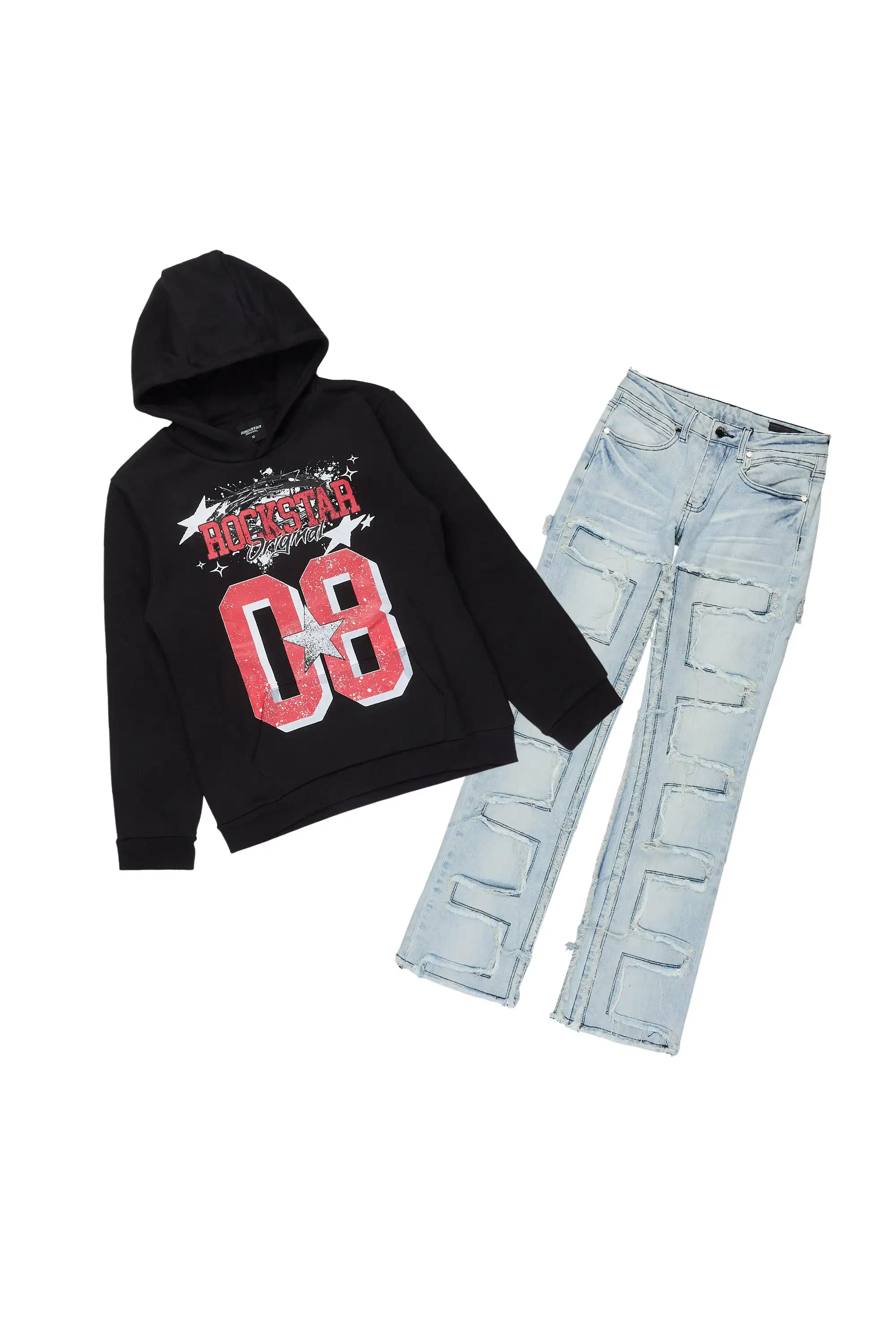 Boys All Star Black Red Hoodie & Shake Blue Stacked Jean Set