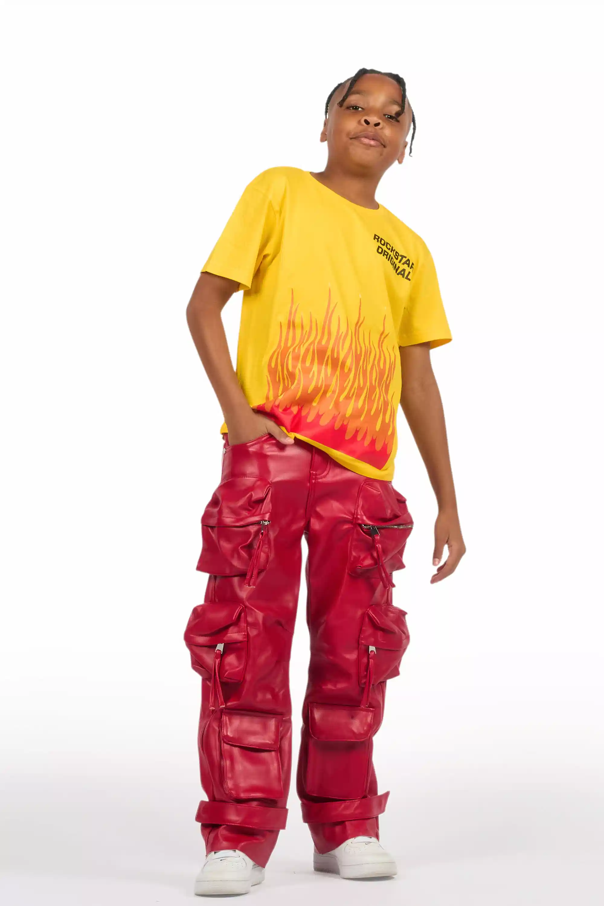 16809-boys-lenz-red-pu-cargo-leather-baggy-fit-jean-7.webp Boys Lenz Red PU Cargo Leather Baggy Fit Jean