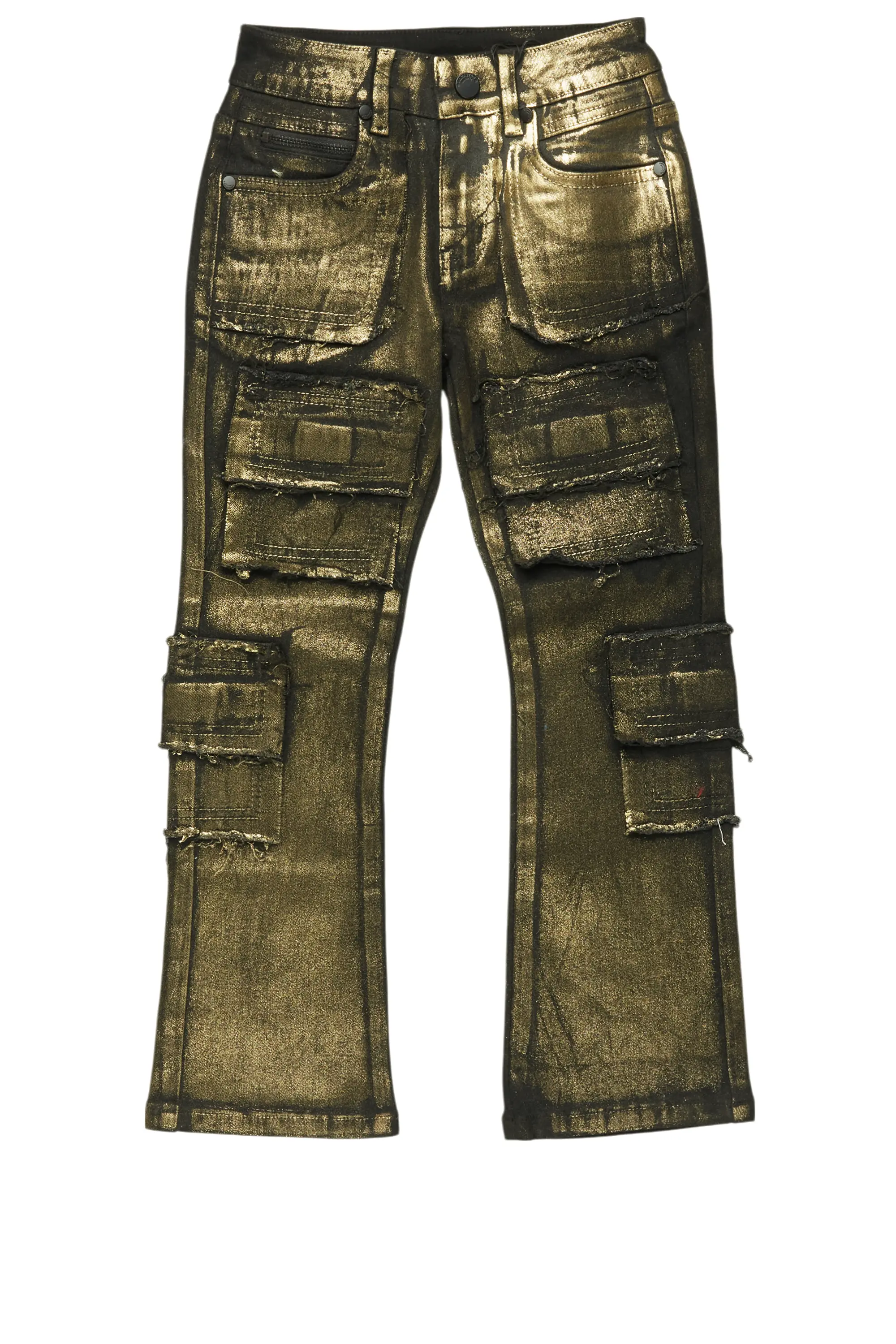 Boys Tyrell Gold Metallic Coated Stacked Flare Jean