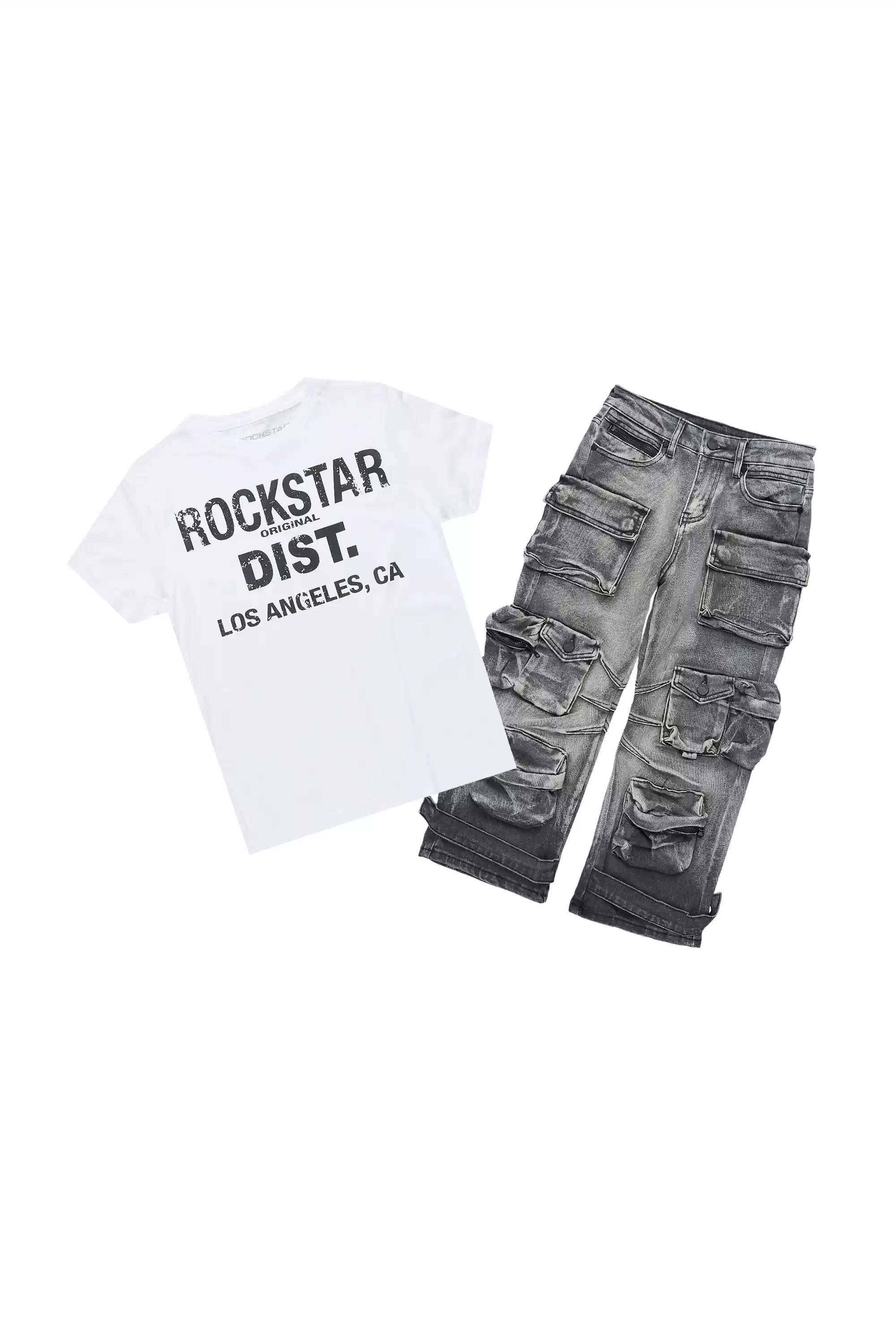Boys Saxon White/Grey T-Shirt/Baggy Cargo Jean Set