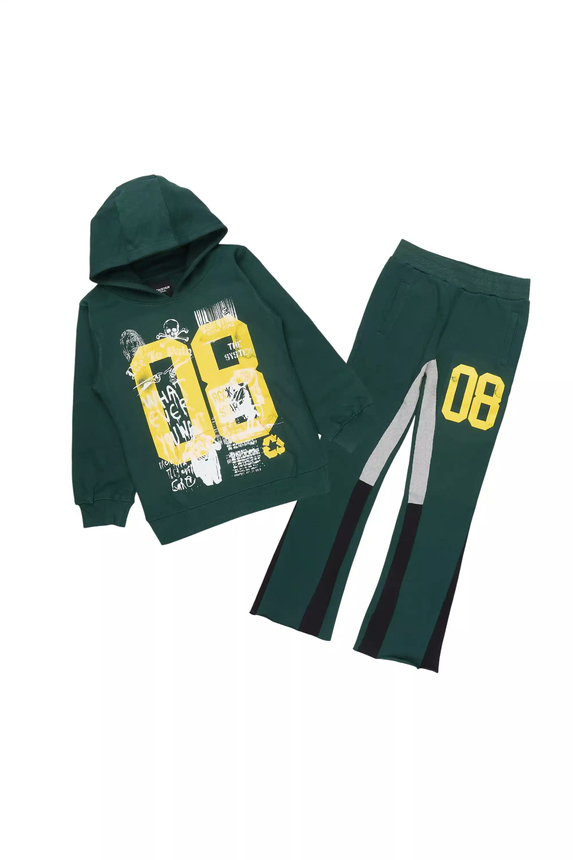 Boys Beau Green/Yellow Hoodie Stacked Flare Track Set