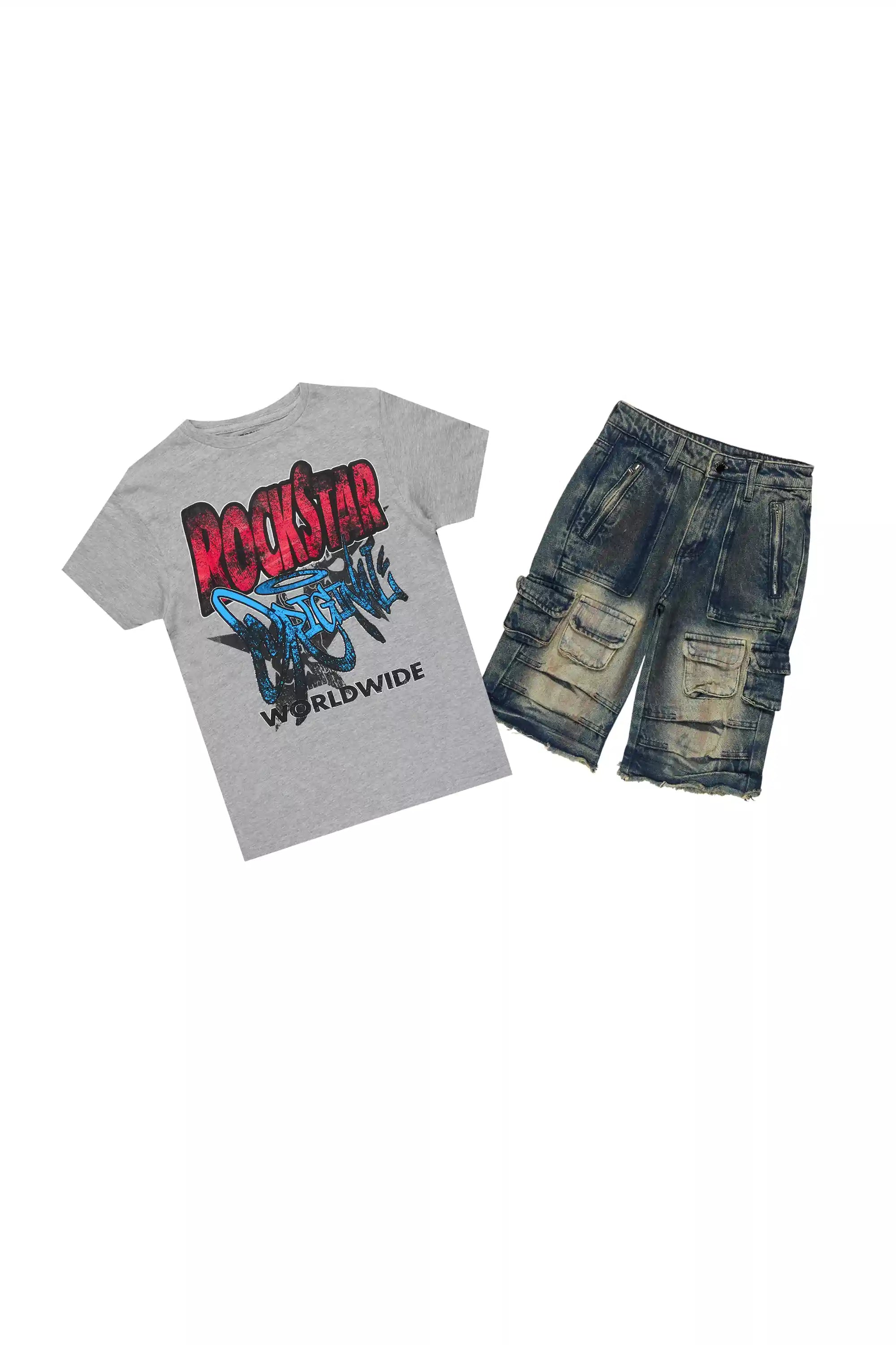 Boys Kait Grey/Blue T-Shirt/Denim Short Set