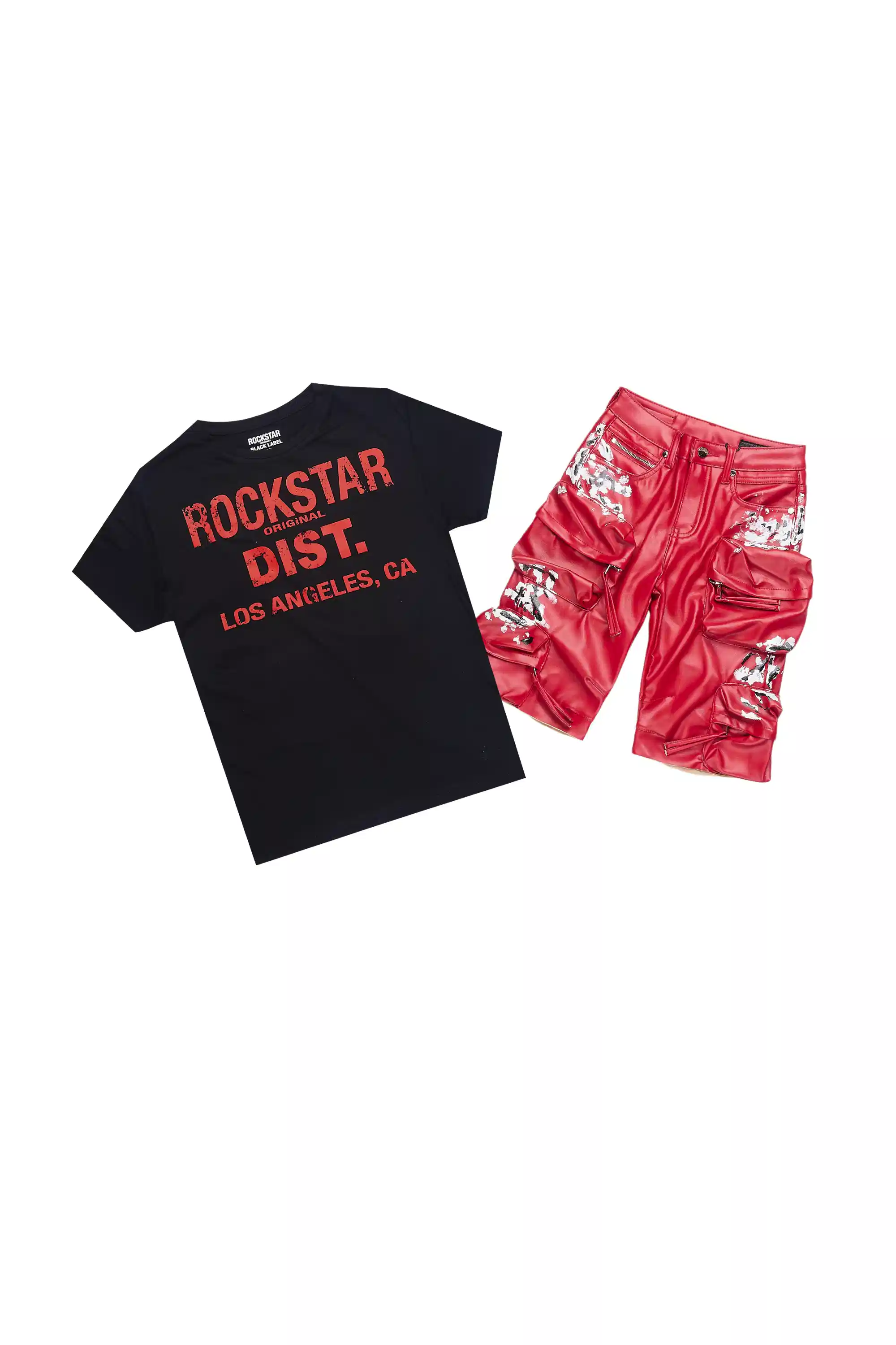 Boys Saxon Black/Red T-Shirt/PU Short Set