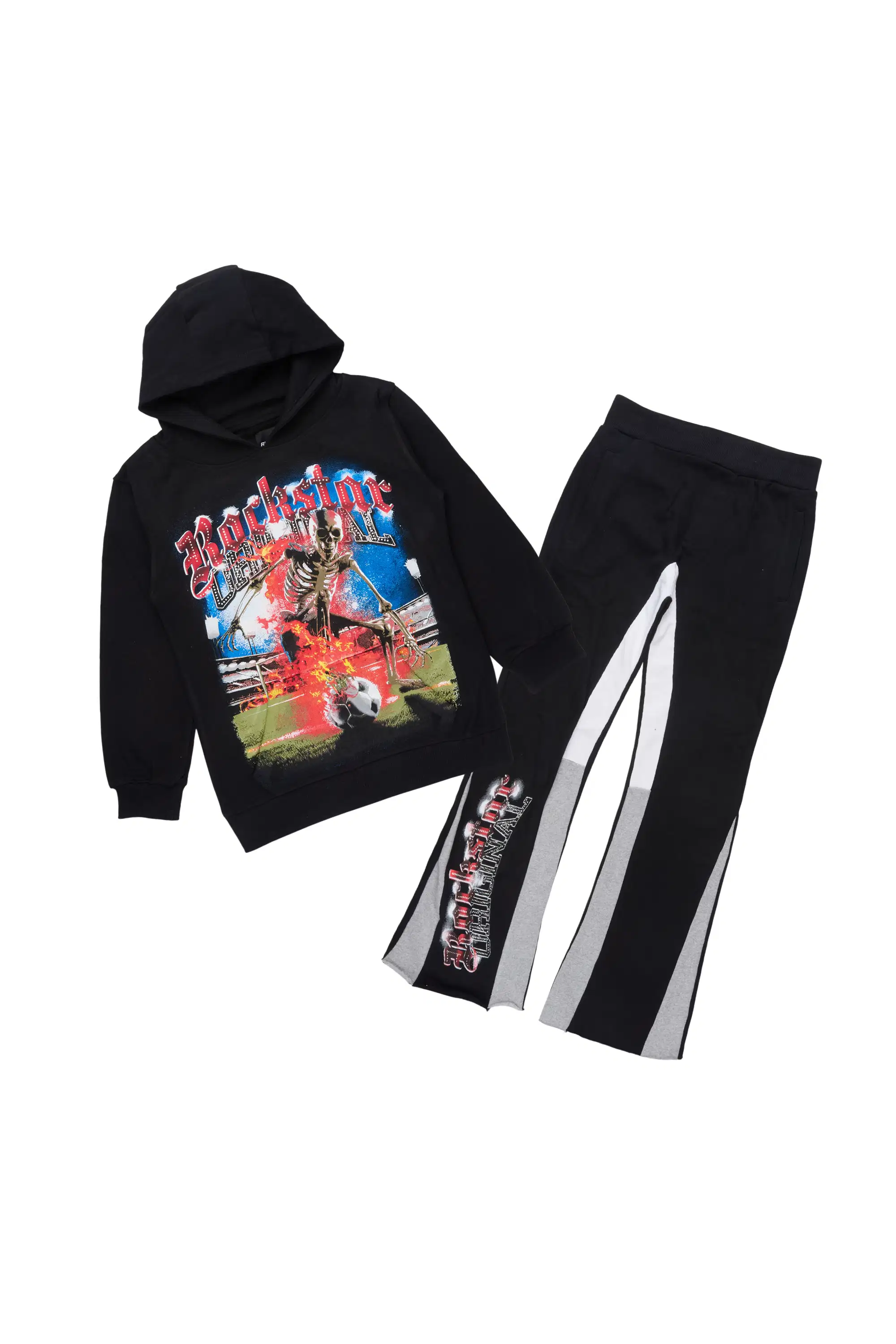 Boys Rodgers Black Hoodie Stacked Flare Track Set