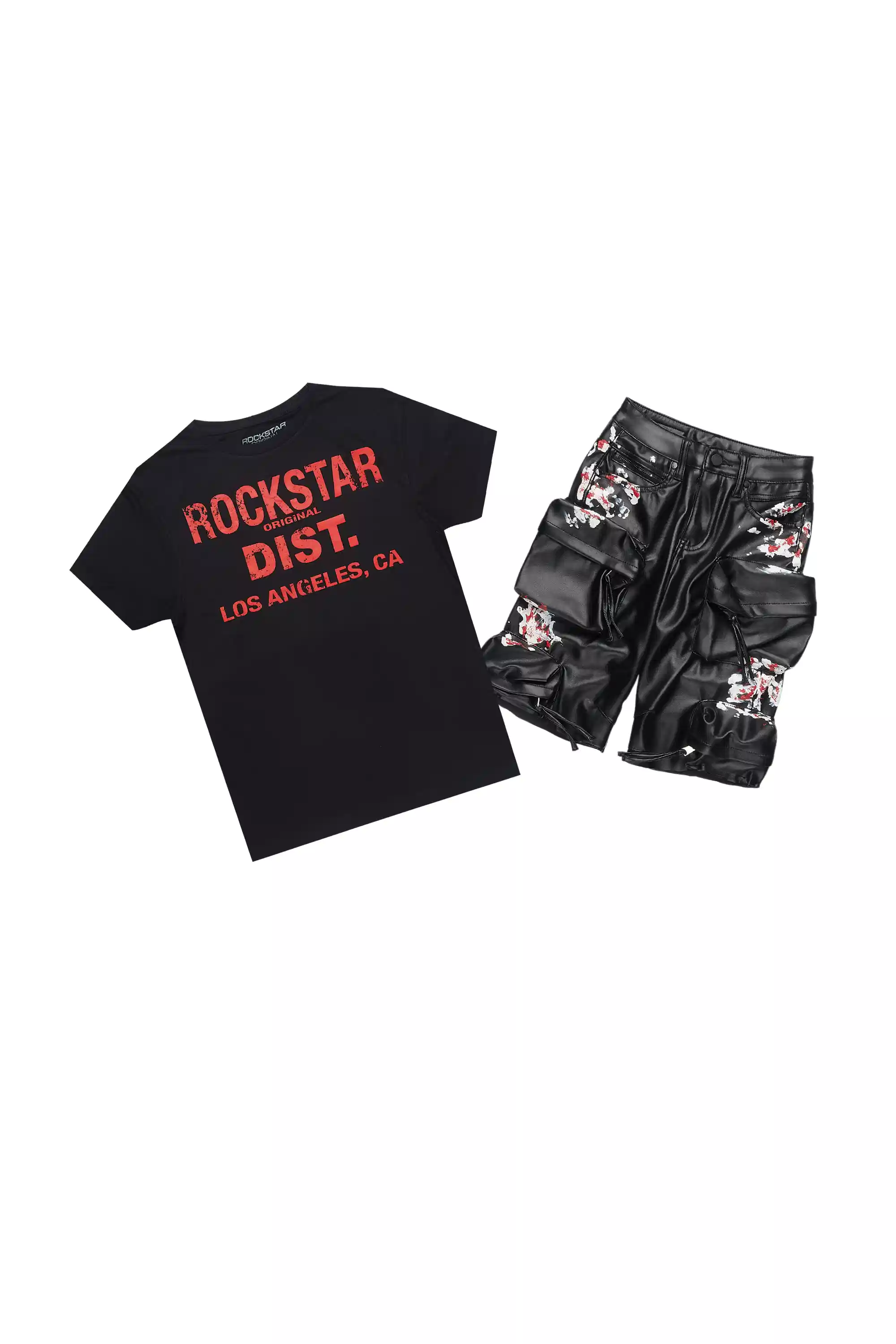 Boys Saxon Black/Black T-Shirt/PU Short Set
