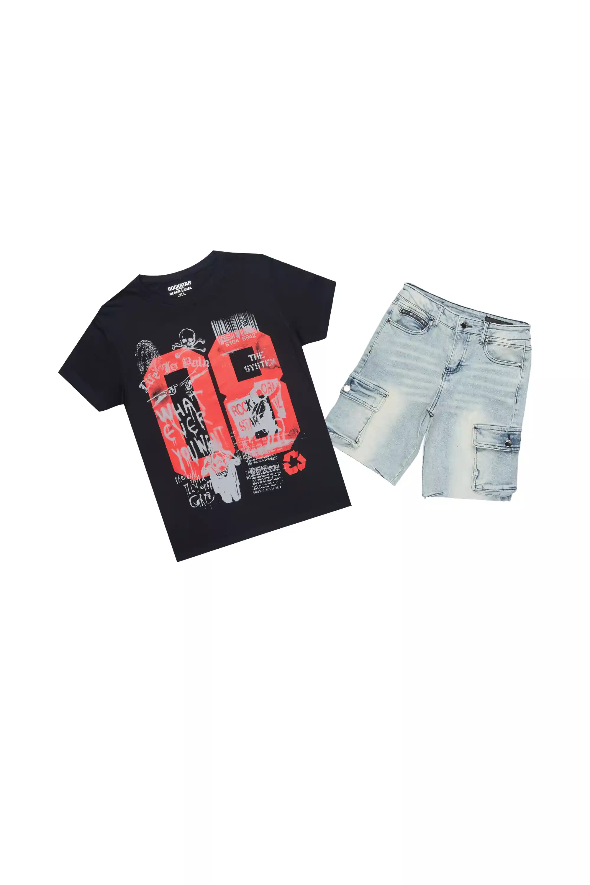 Boys Beau Black/Blue T-Shirt/Denim Short Set
