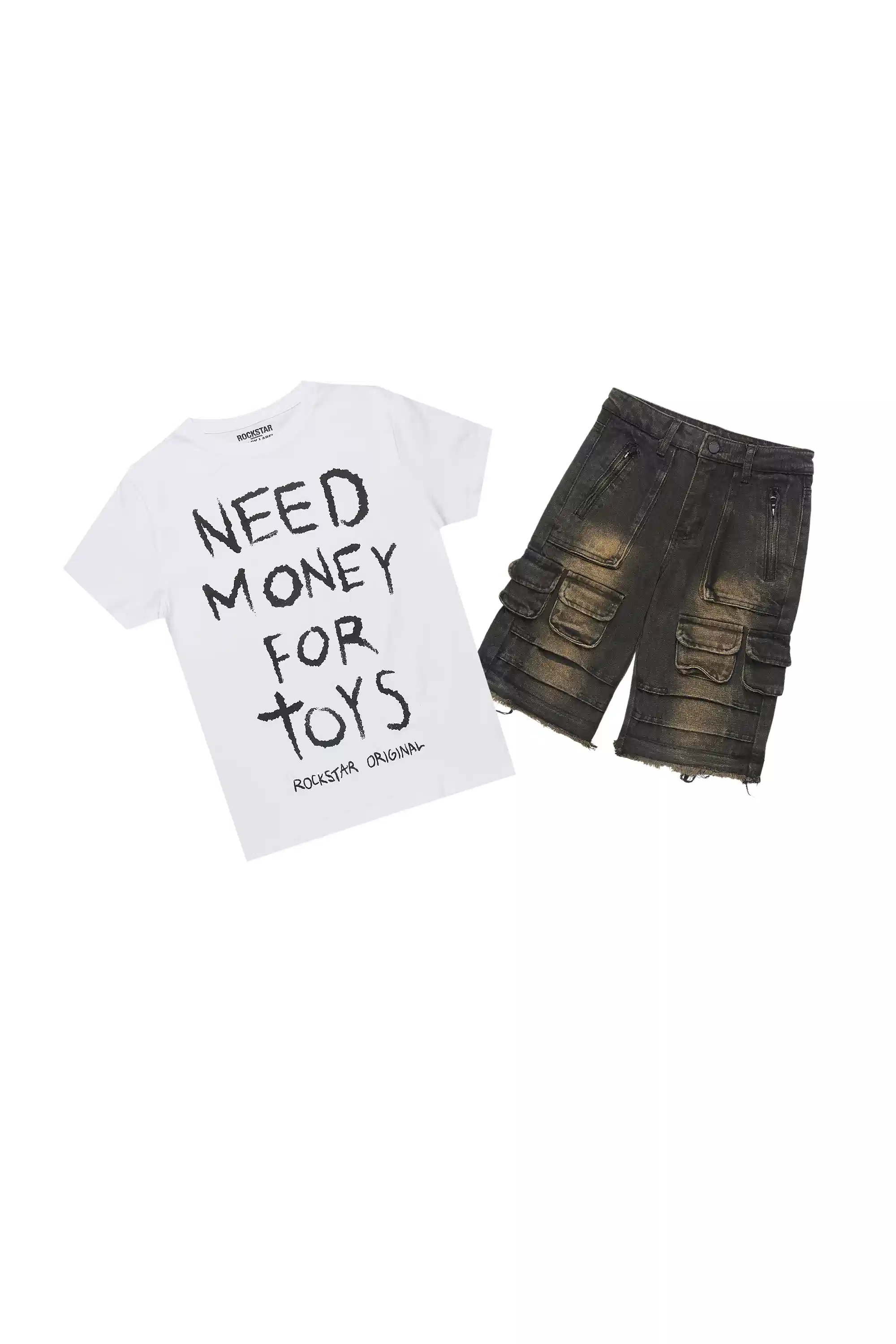 Boys M4 Toys White/Grey T-Shirt/Denim Short Set