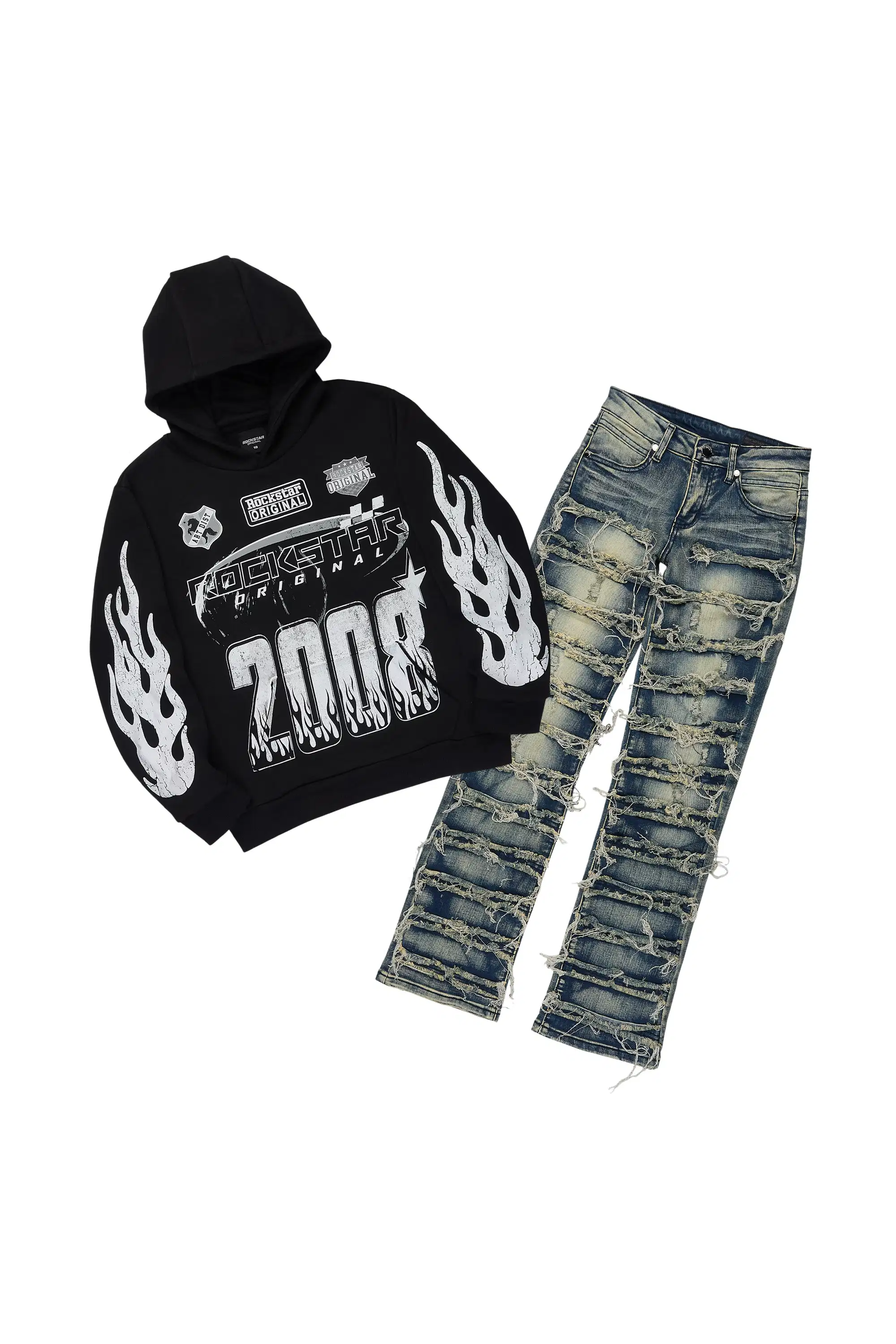 Boys Amos Black Hoodie/Stacked Jean Set