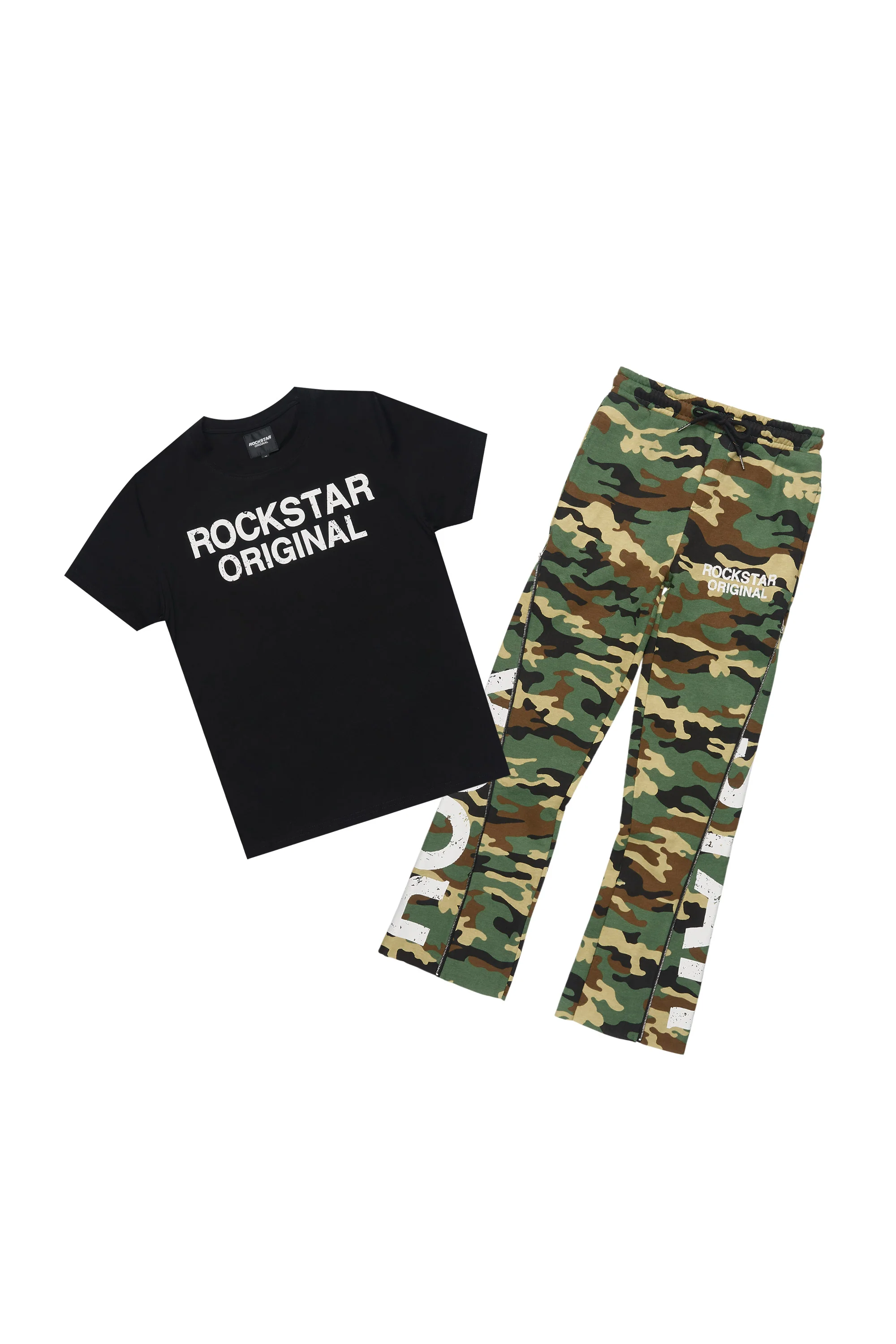 Boys Deniska Black/Camo T-Shirt Baggy Stacked Flare Set