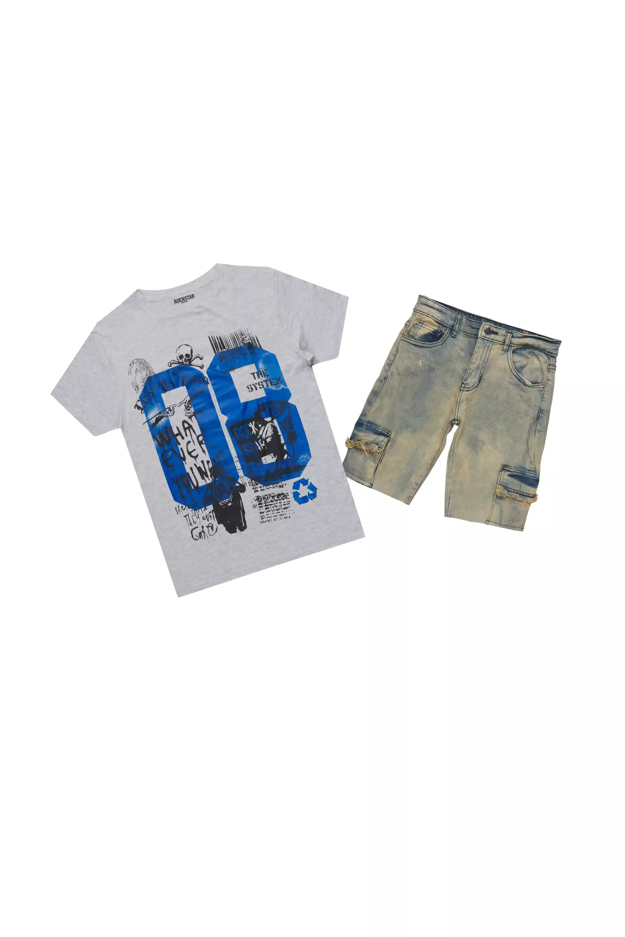 Boys Beau Grey/Vintage Light Wash T-Shirt/Denim Short Set