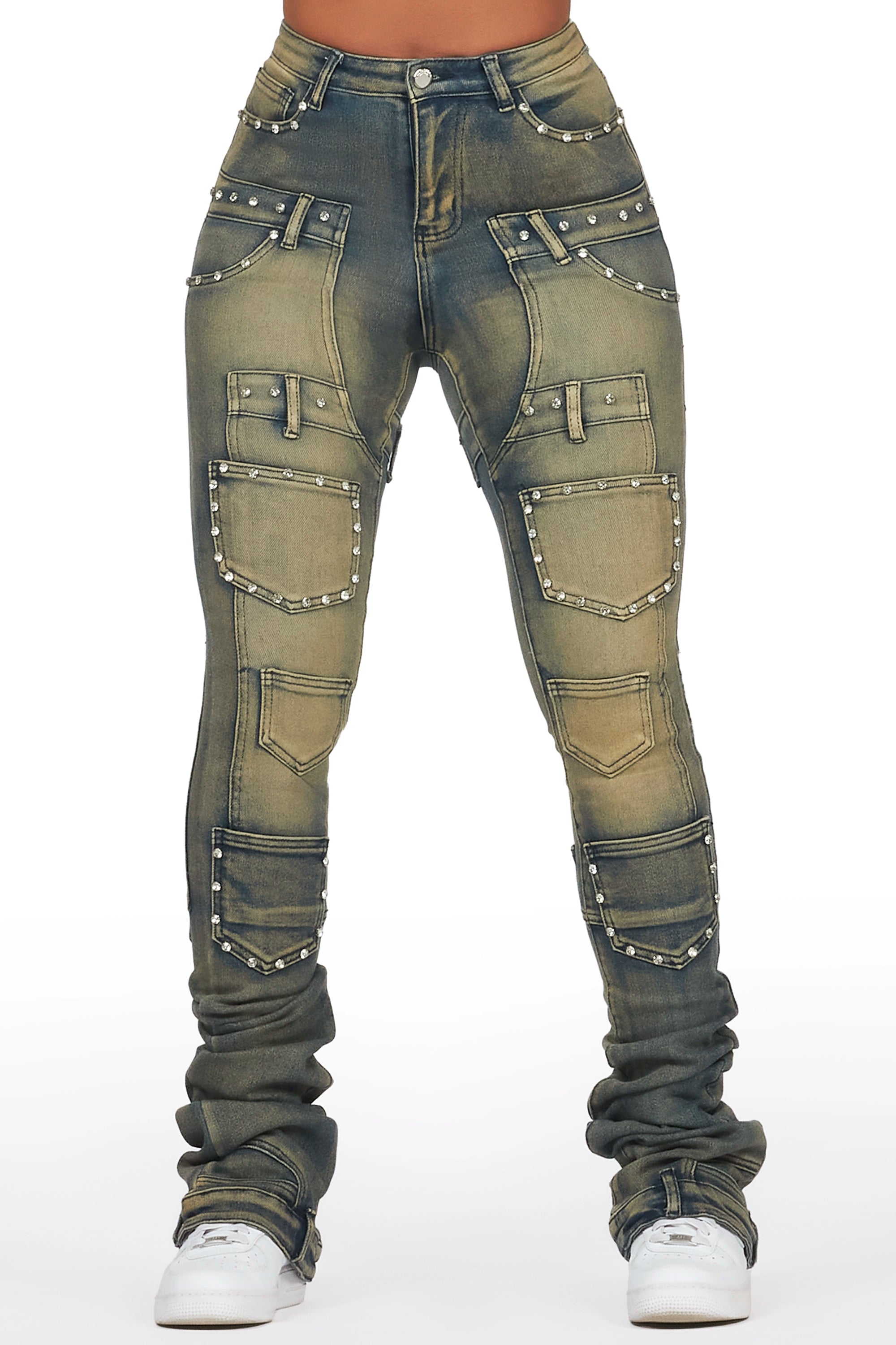 Vicky Tinted Dark Wash Rhinestone Super Stacked Jean