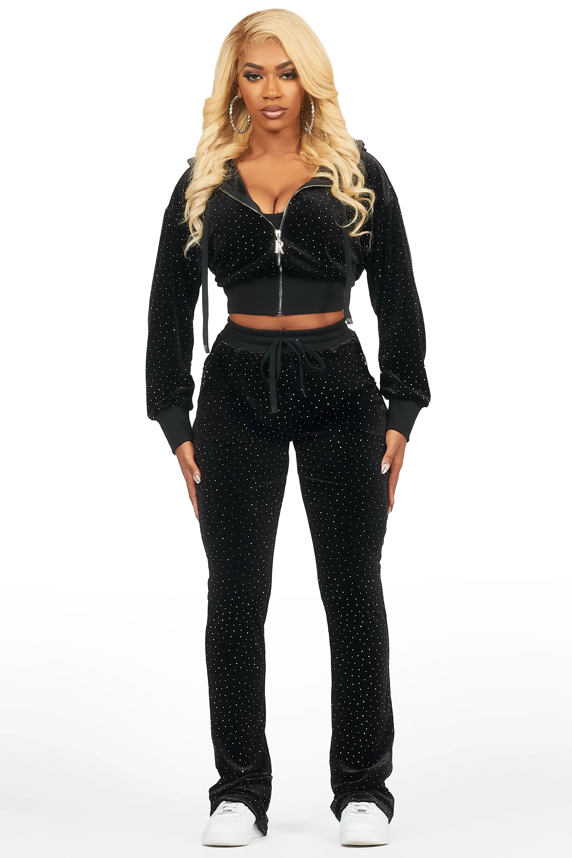 Khalilah Black Rhinestone Velour Stacked Trackset